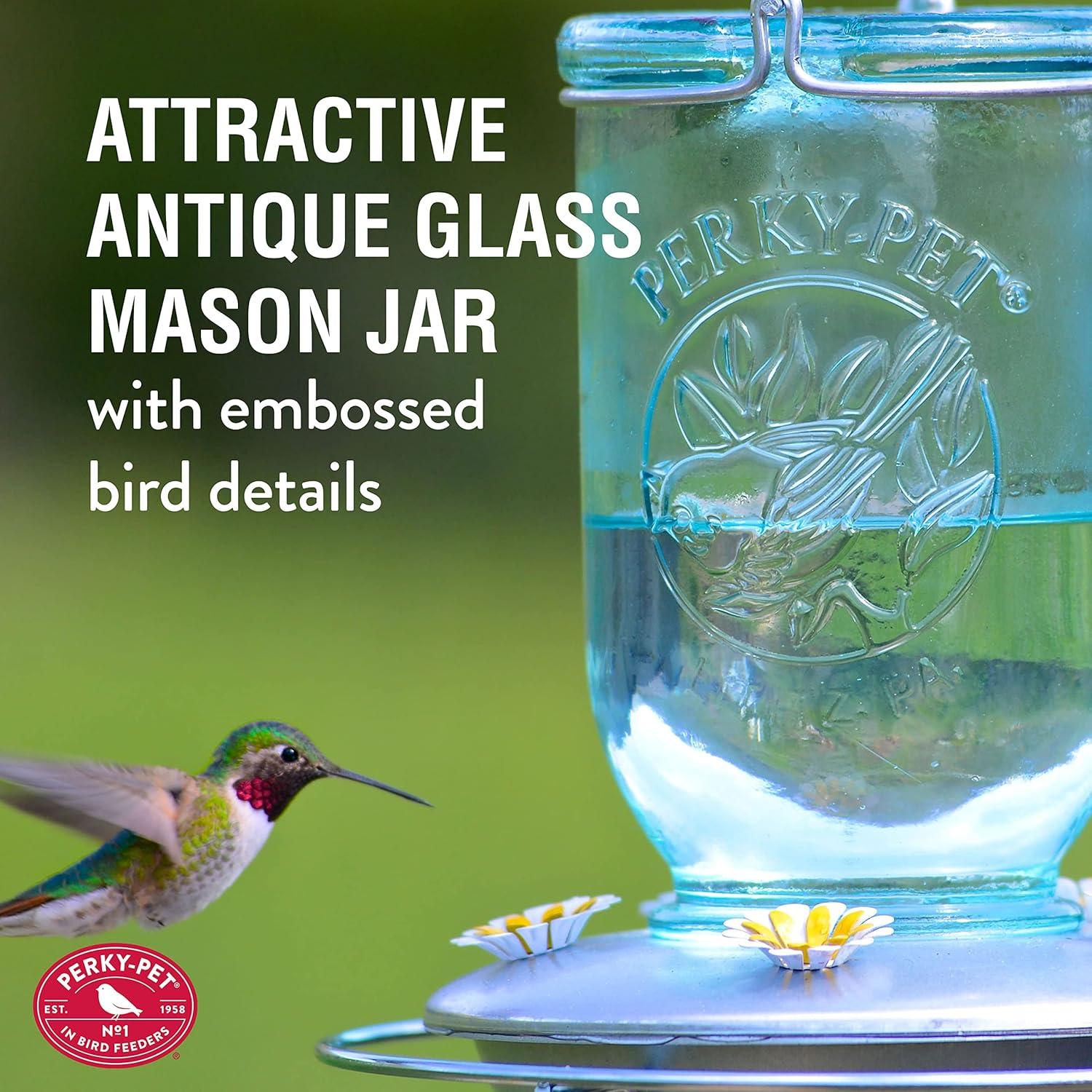 Blue Glass and Steel Mason Jar Hummingbird Feeder, 32 oz