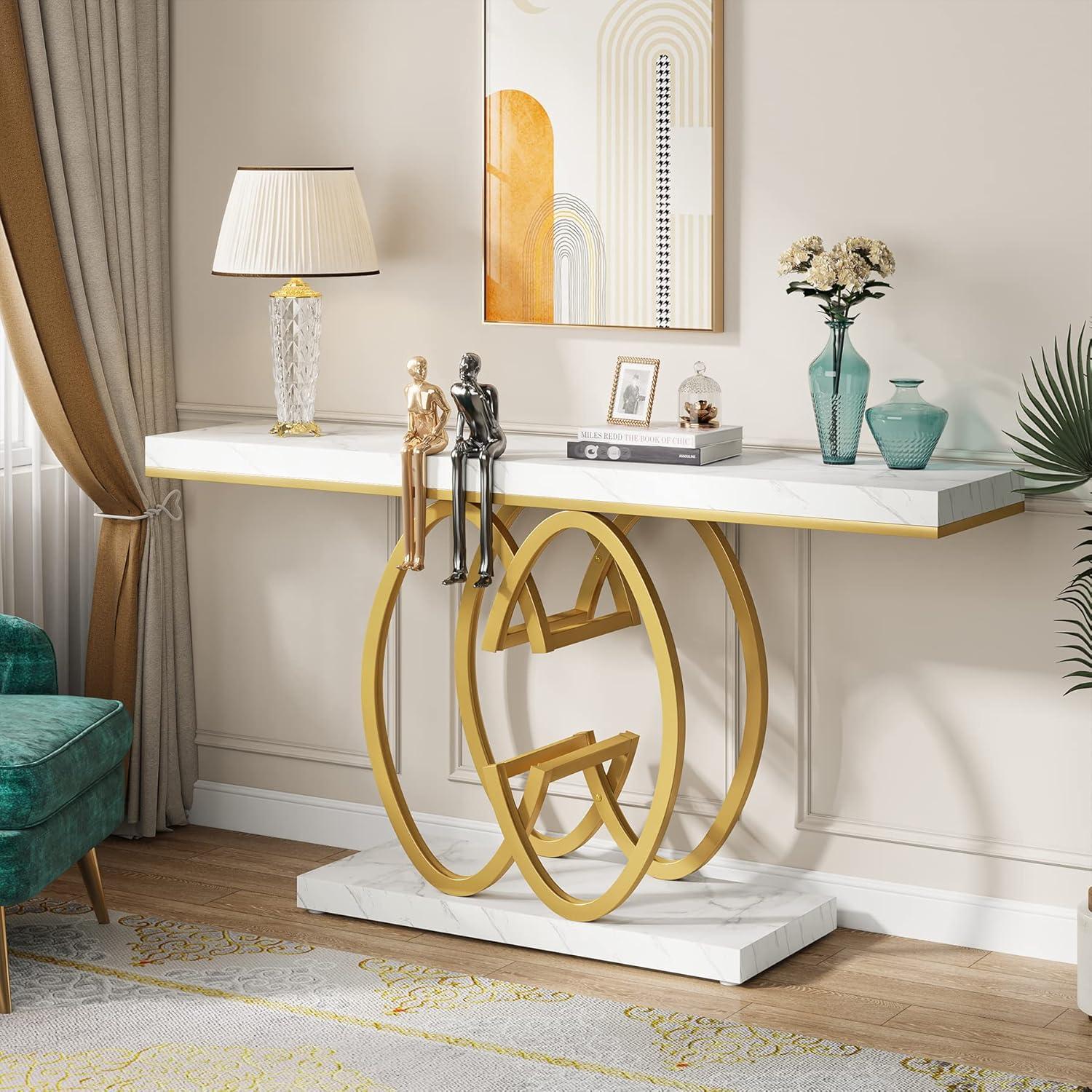 55 Inch Faux Marble Console Table Gold Sofa Table for Entryway White & Gold