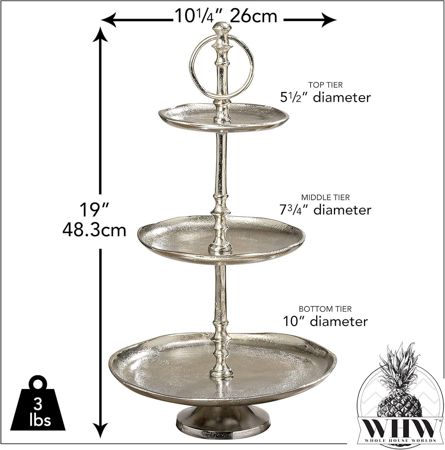 Old World Grand Hotel Cake Stand, 3 Tiers, Decorative, Polished Silver Aluminum, Loose Scallop Rim, Artisan Finish, Luxurious Style, Pedestal Base, Over 1 1/2 Ft Tall (19 Inches)