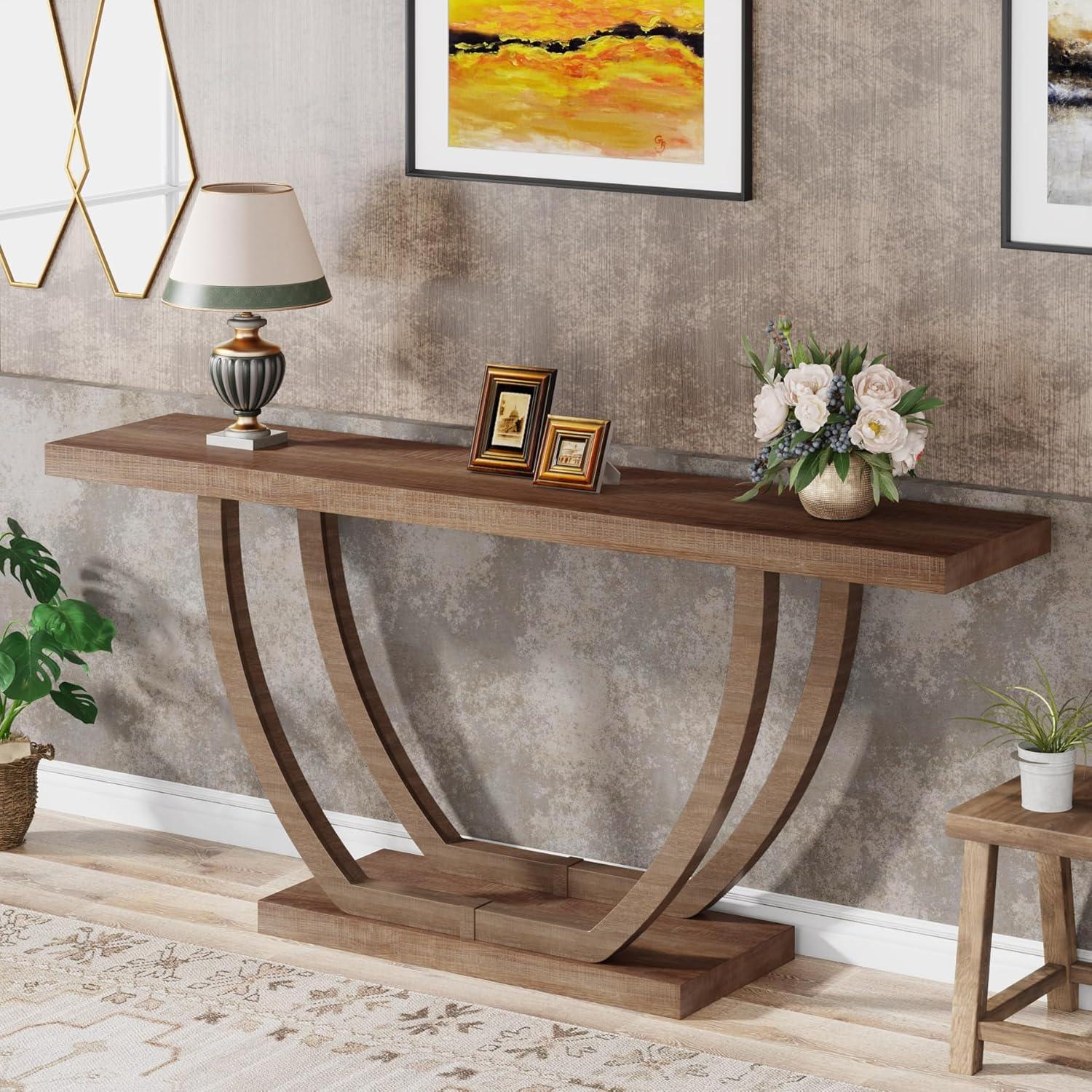 Tribesigns 63" Skinny Console Table with Geometric Base, Farmhouse Sofa Table Narrow Long, Thickened Behind Couch Table with Shelves for Living Room Foyer Corridor (Brown)