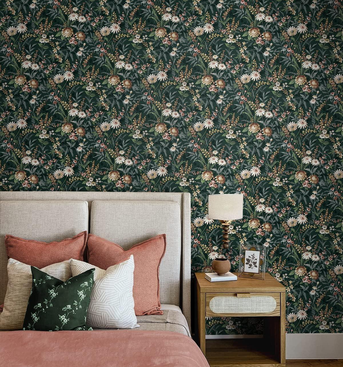 NextWall  Vintage Floral Peel and Stick Wallpaper 20.5 in. W x 18 ft. L - Forest Green