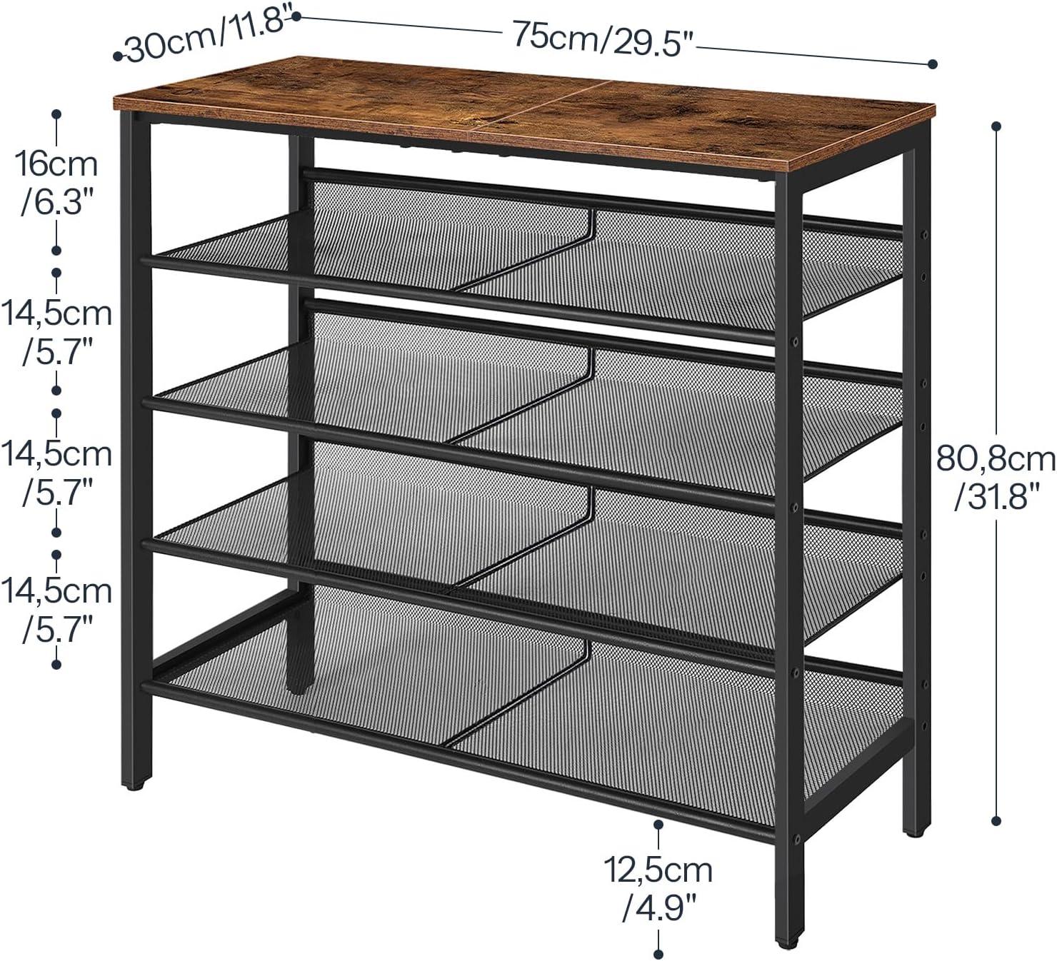 Shoe Rack for Entryway, 5-Tier Shoe Organizer with Adjustable Mesh Shelves, 16-20 Pairs of Shoes, Spacious Floor Mount, Metal, Industrial, Shoe Shelf for Closet, Rustic Brown BF12XJ01