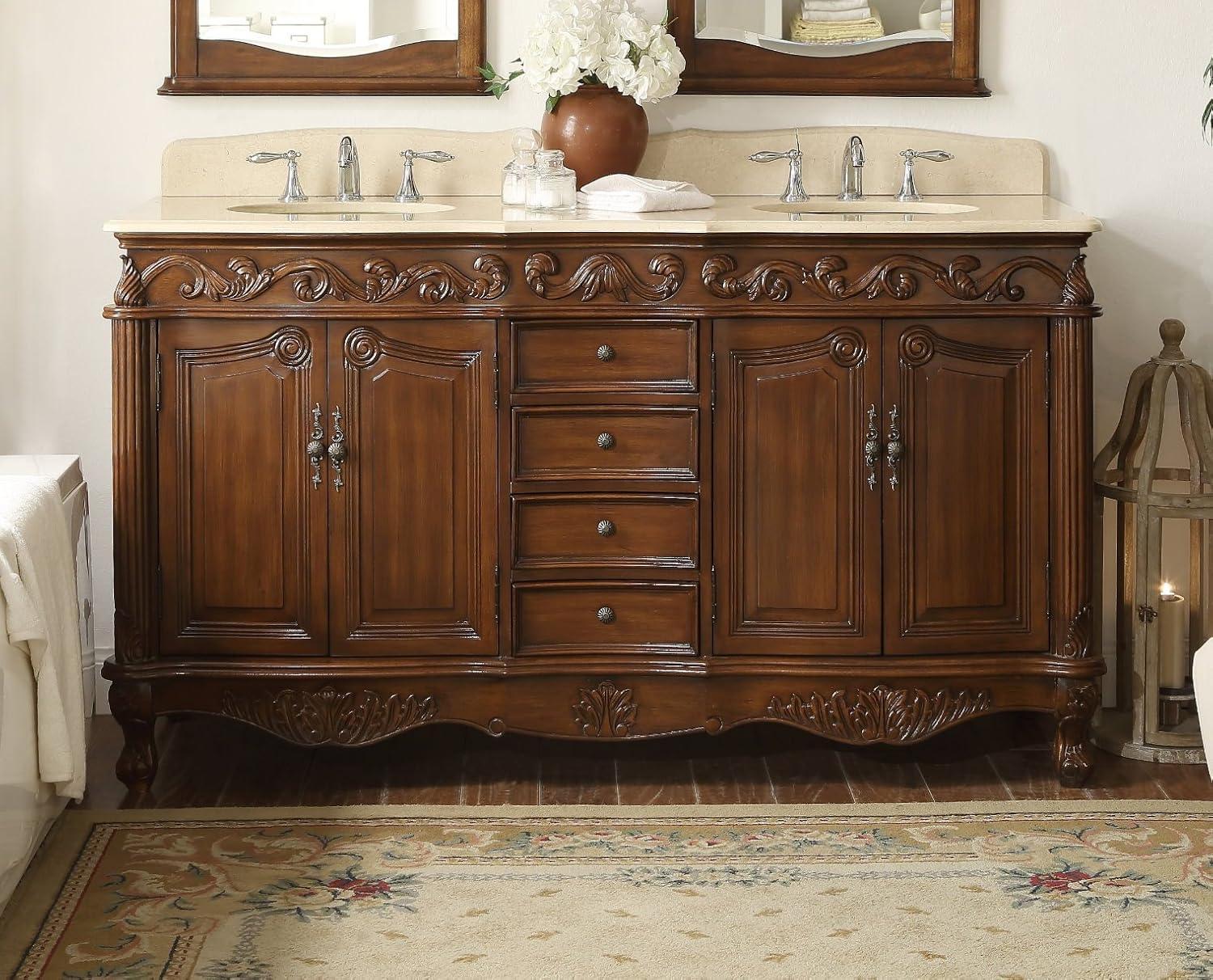 64-Inch Dark Brown Wood Double Sink Vanity with Marble Top