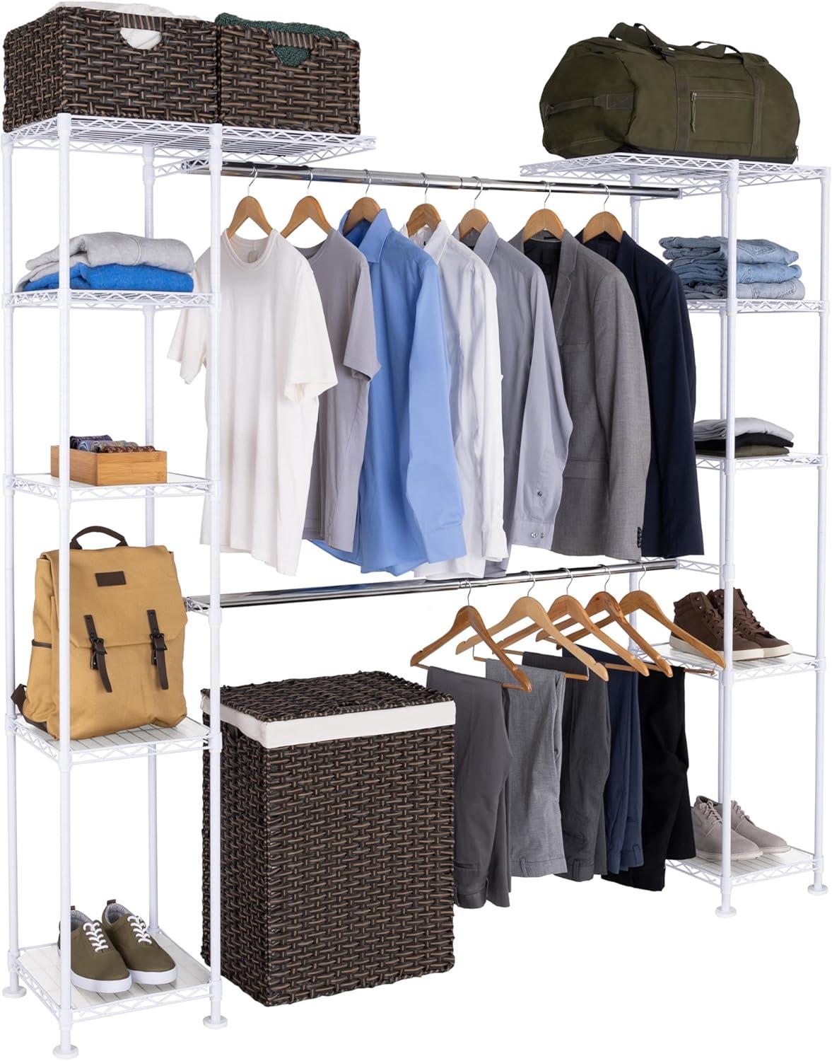 White Expandable Steel Closet Organizer System with Adjustable Shelves