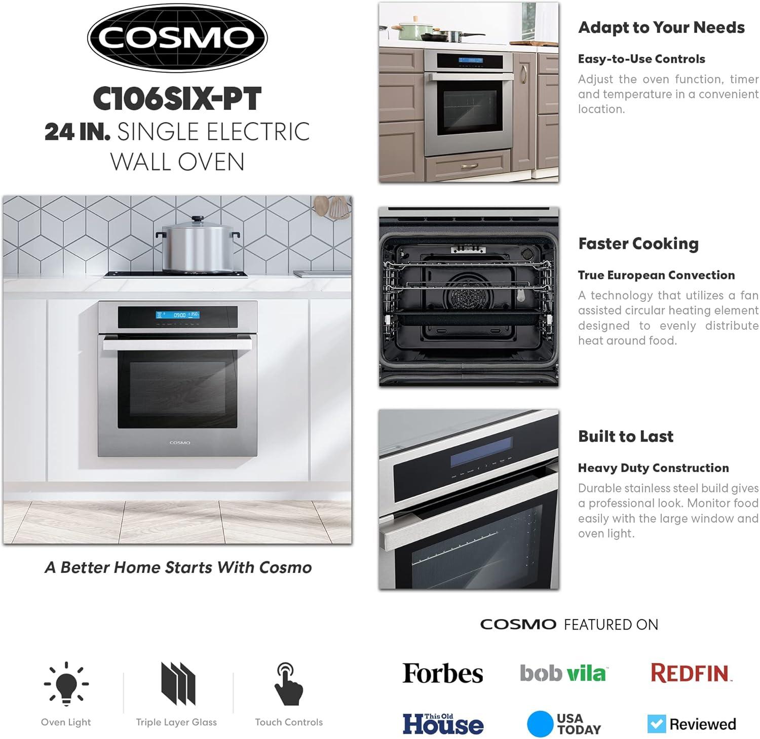 Cosmo C106SIX-PT 24 in. Convection European Element Single Electric Wall Oven