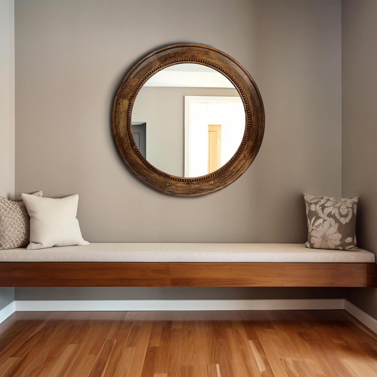 Walnut Round Carved Wood Framed Wall Mirror with Hobnail Detail