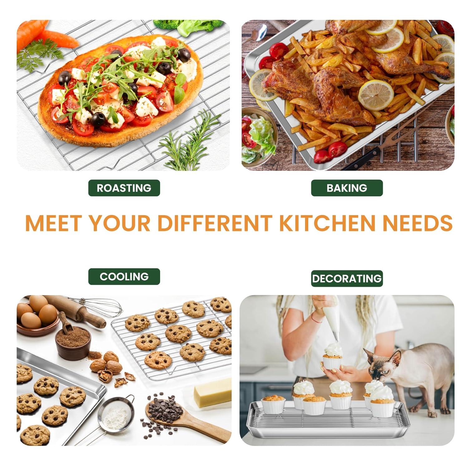 Baking Sheet with Rack Set [2 Pans + 2 Racks ] HKJ Chef Stainless Steel Cookie Sheet Baking Pan Tray with Cooling Rack, Size 9x7x1 Inch, Non Toxic & Heavy Duty & Easy Clean