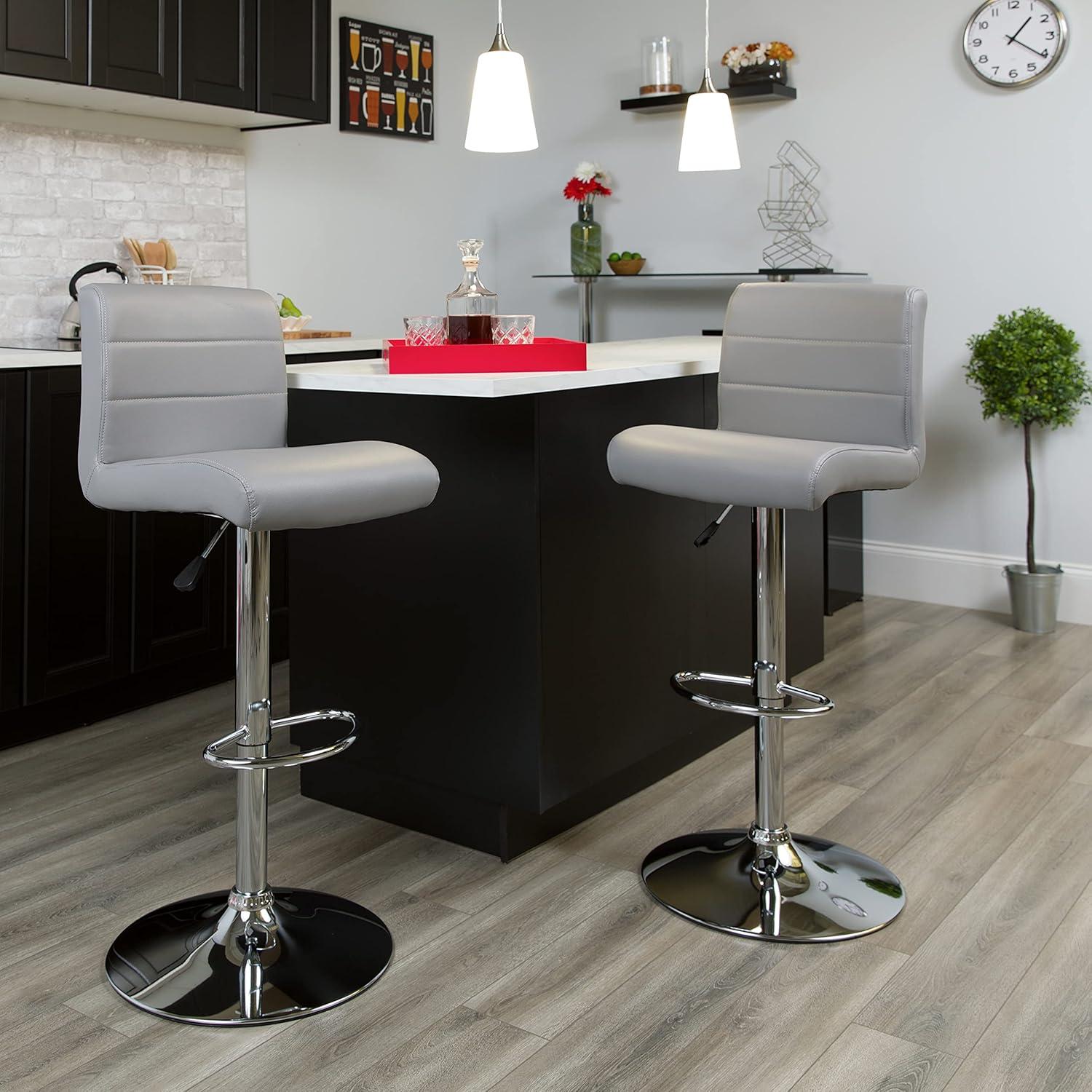 Gray Adjustable Height Swivel Bar Stool with Vinyl Seat