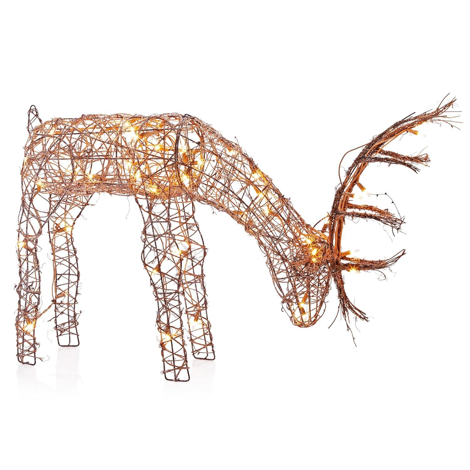 Alpine Corporation 29" x 7" x 24" Light up Iron Rattan Grazing Reindeer Statue, Brown