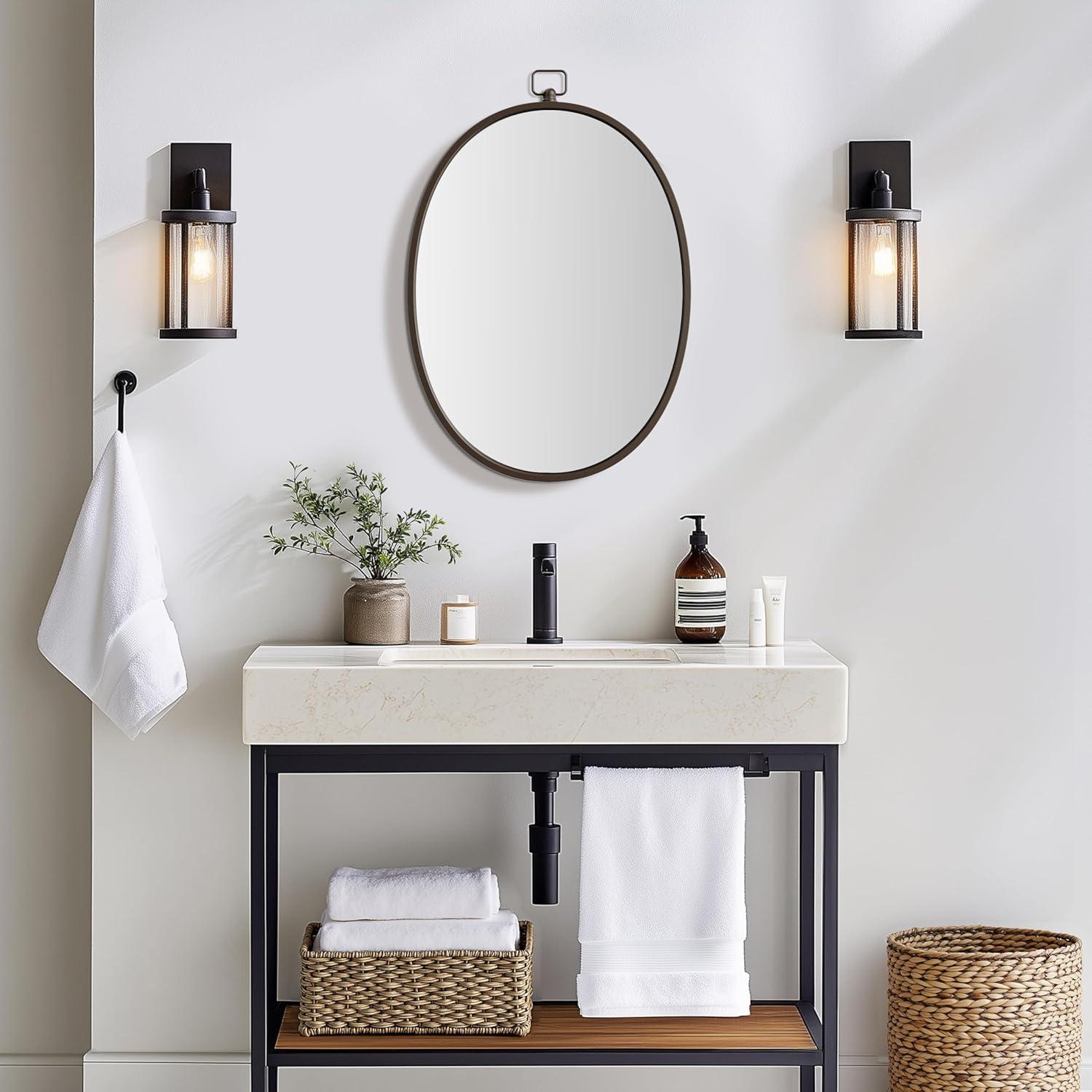 Barnyard Designs Round Metal Framed Wall Mirror for Bathroom Vanity, Bedroom, Circle Desk Mirror (24", Iron Metal Grey)