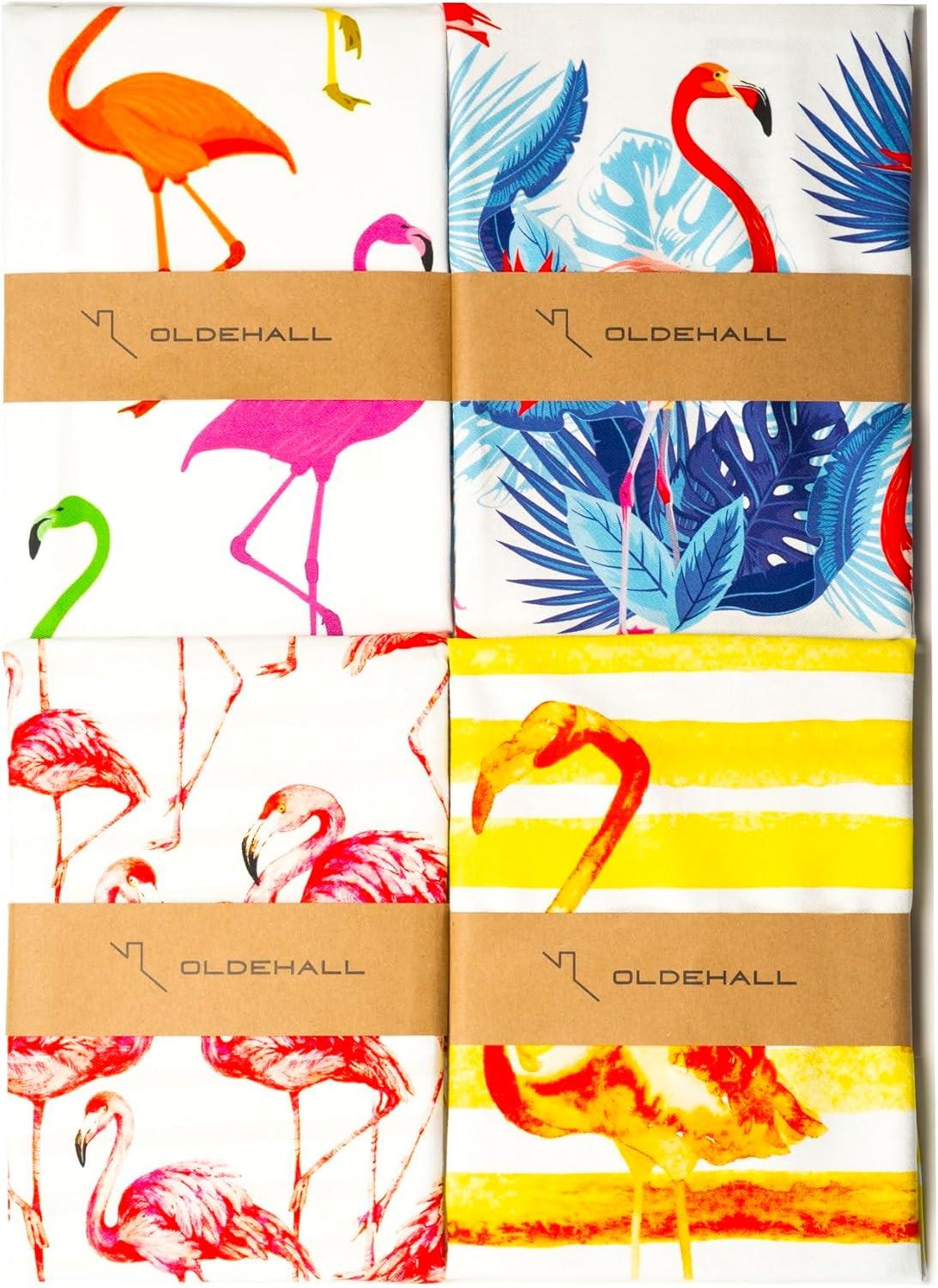 Oldehall Multicolor Variety Pack of Four - Vibrant and Colorful Flamingo Kitchen Towels/Flamingo Tea Towels for Daily Use & Home Decoration Original, Blue, Yellow & Red Designs C42