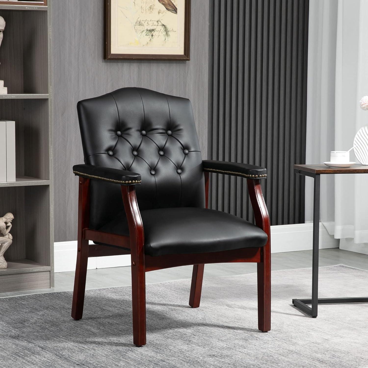 Classic Traditional Button Tufted Black Vinyl Guest Chair with Mahogany Wood Frame