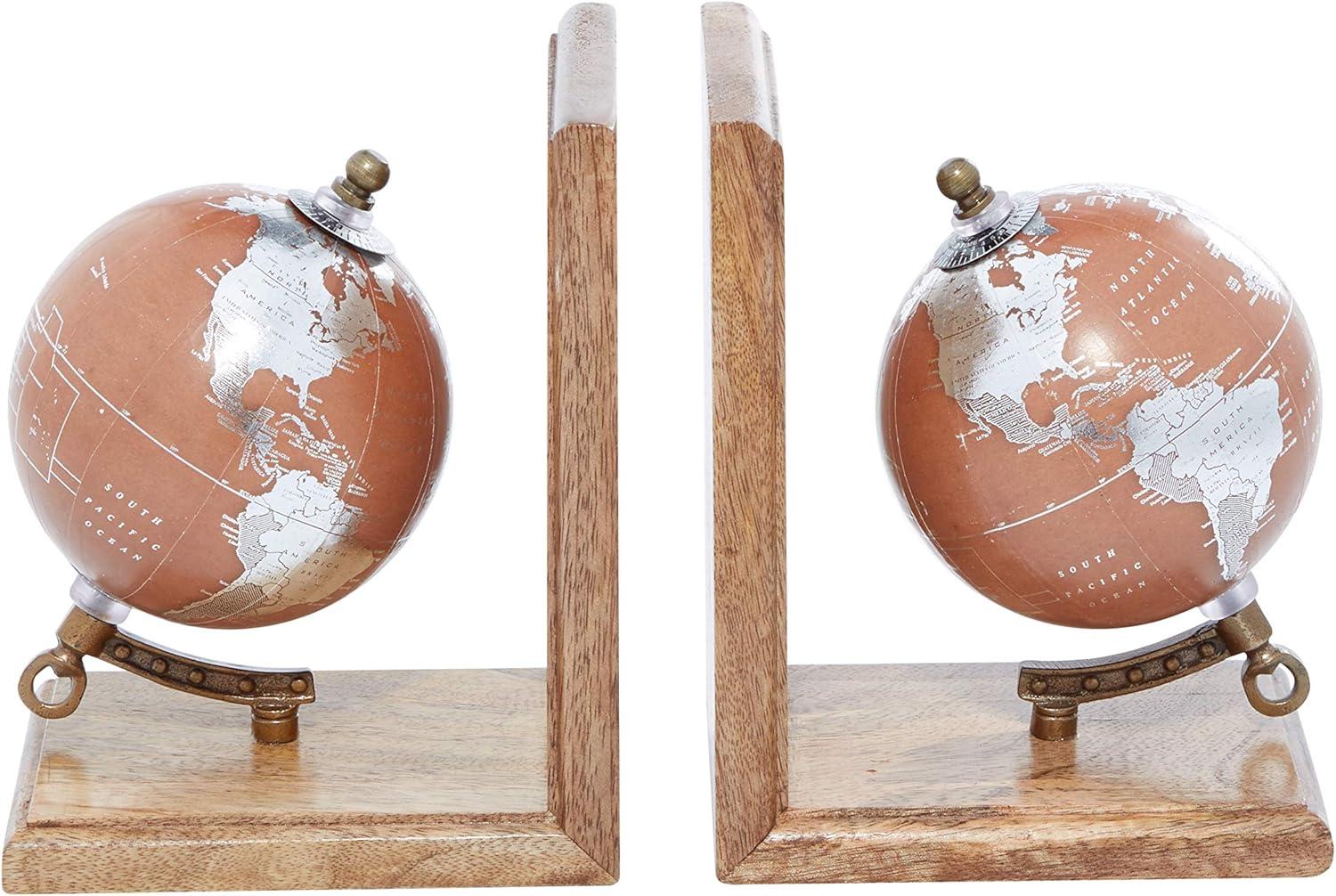 DecMode 6" Globe Brown Wood Bookends (Set of 2)