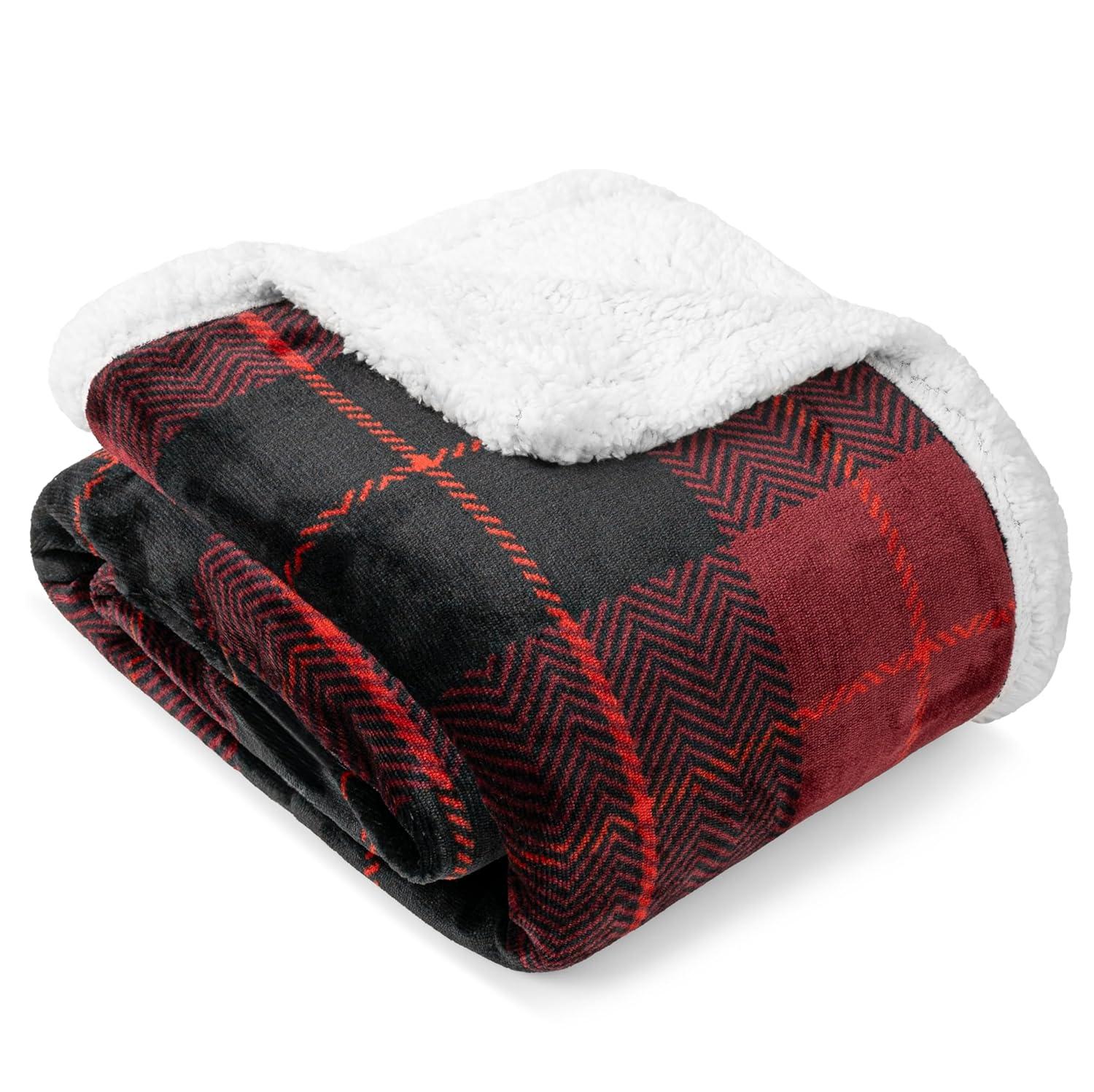 PAVILIA Fleece Plush Microfiber Throw Blanket for Couch, Sofa and Bed, Reversible, Plaid Red/Twin - 60x80