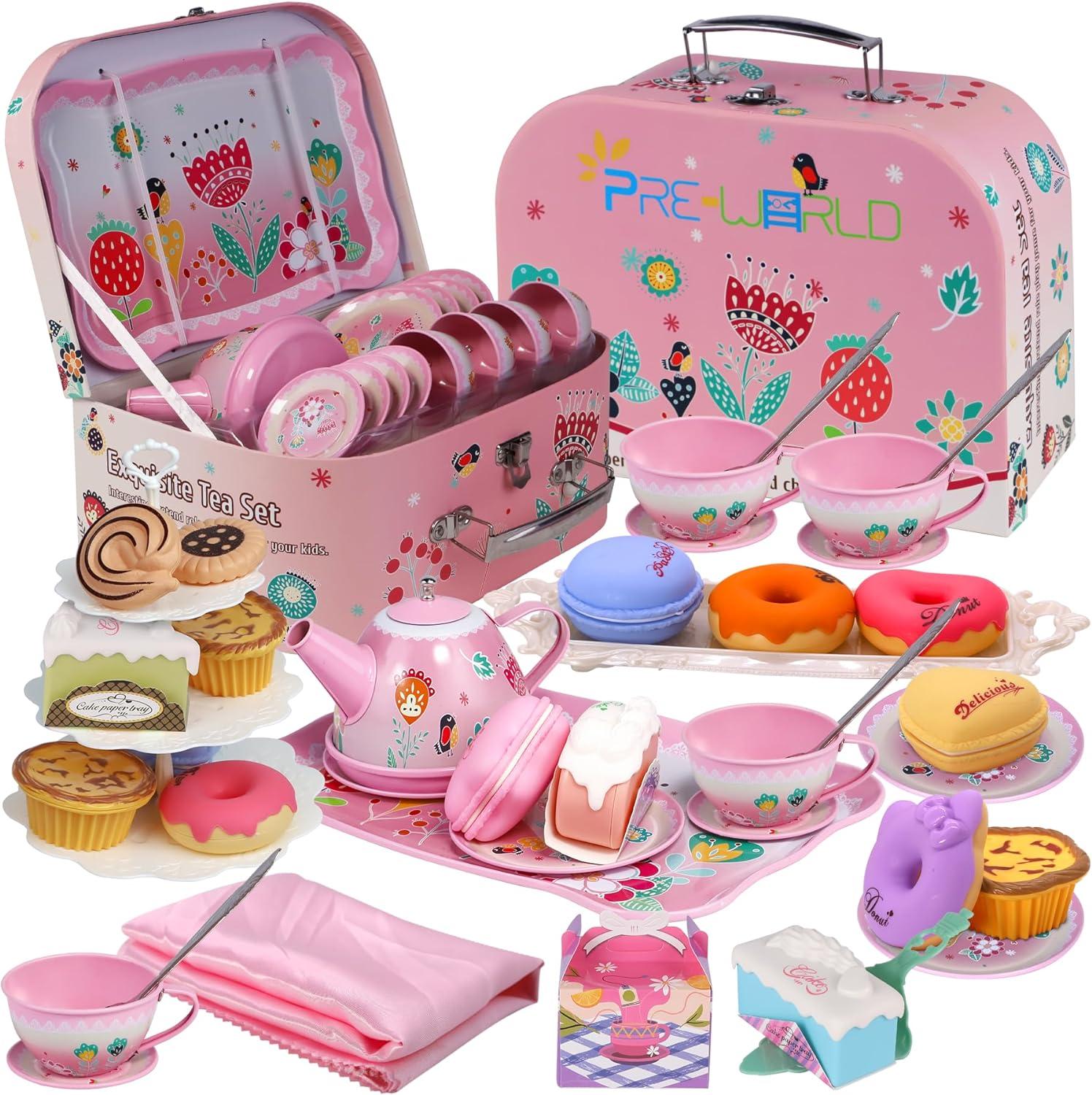 Pink Floral Kids Tea Party Set with Desserts and Case