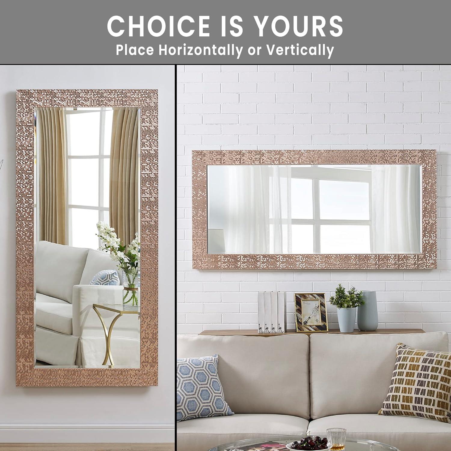 Elegant Full-Length Rectangular Wood Mirror with Gold Mosaic Frame