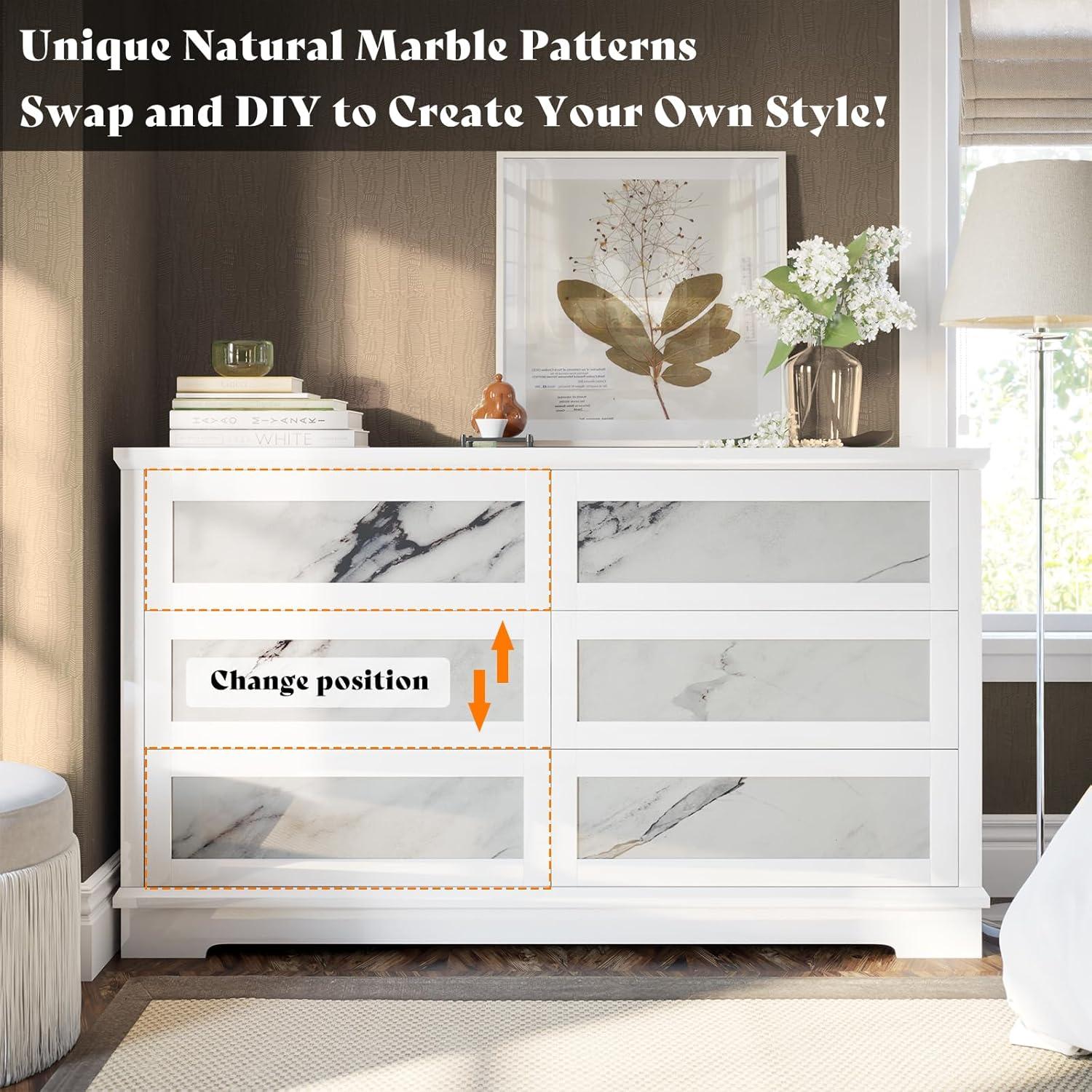 Merluxy High-Gloss 6 Drawer Dresser, 54" Natural Marble Chest of Drawers No Handles, Modern, White