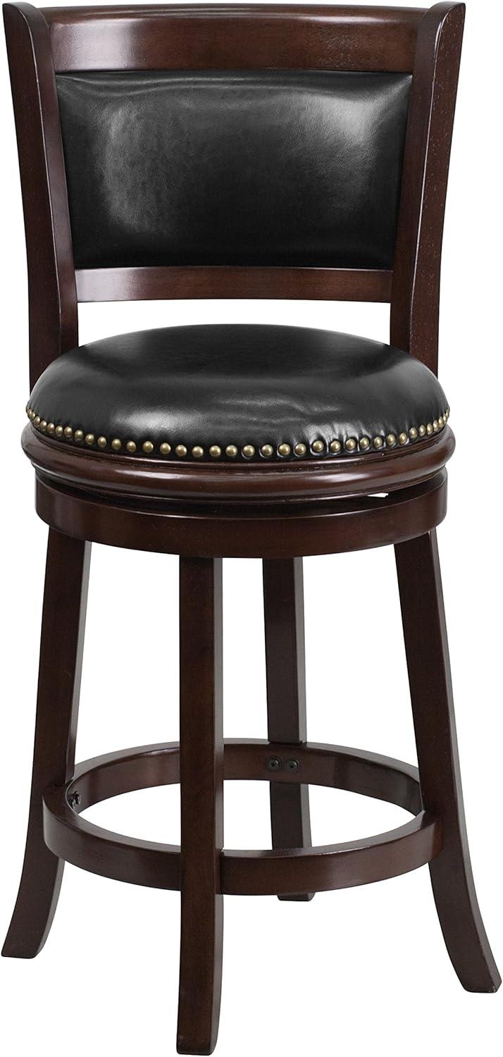 Flash Furniture 24'' High Cappuccino Wood Counter Height Stool with Panel Back and Black LeatherSoft Swivel Seat