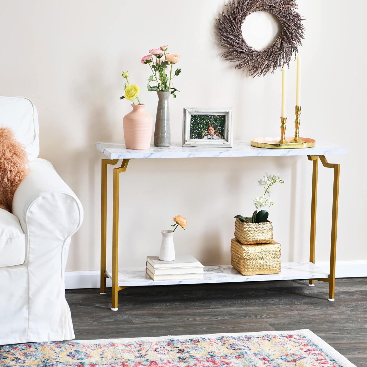 Crown Console Sofa Table with Storage Shelf White Marble and Gold Metal