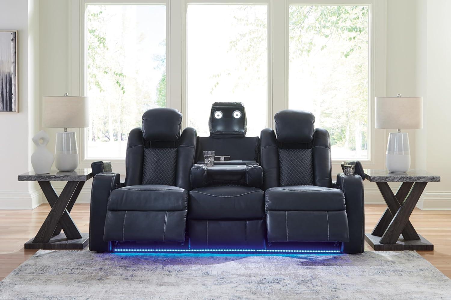 Black Faux Leather Power Reclining Sofa with Cup Holders