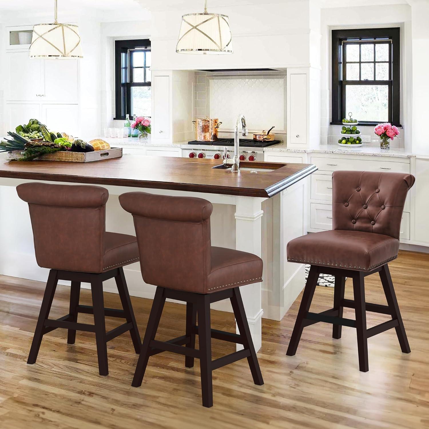 Dark Brown Faux Leather Swivel Bar Stools with Wood Legs, Set of 4