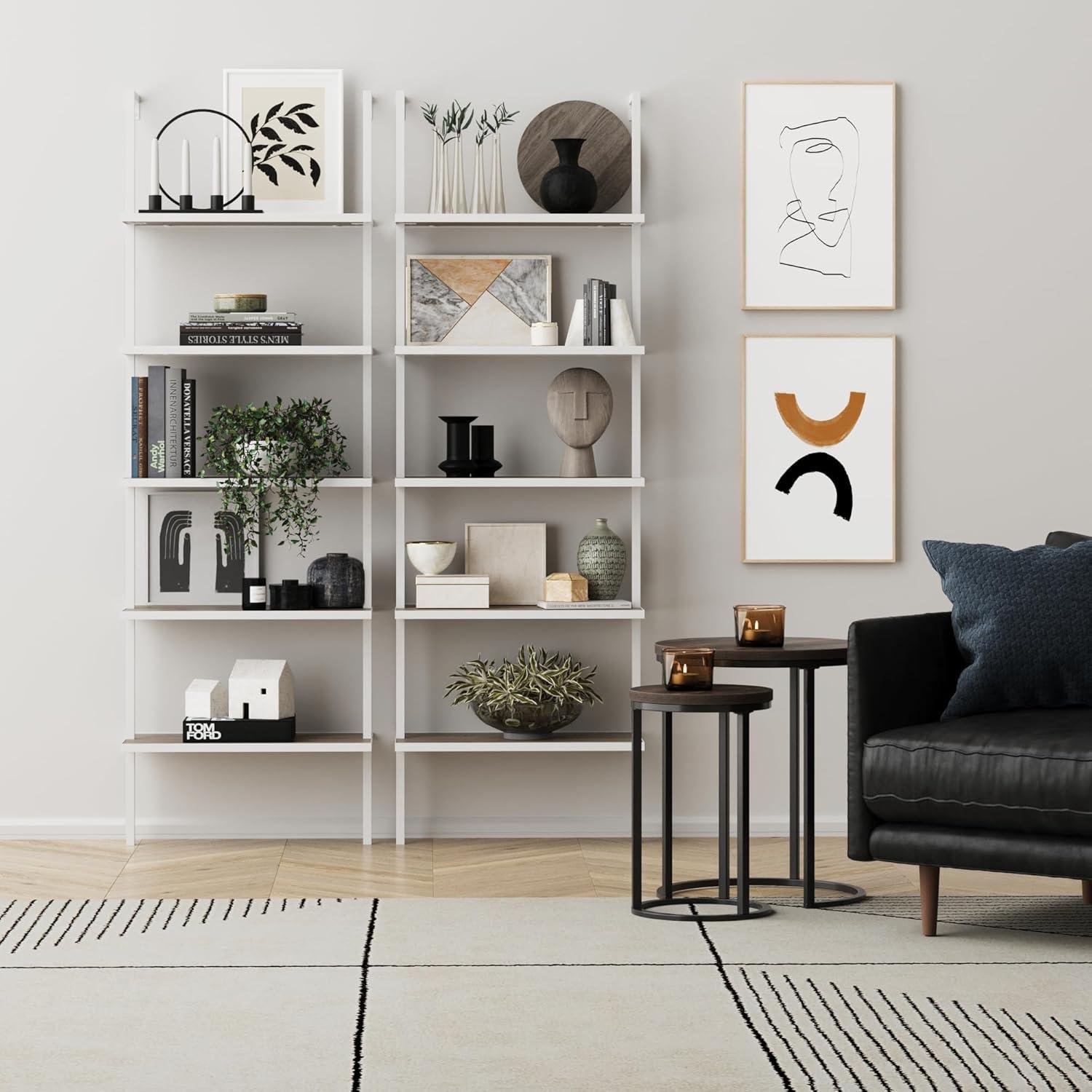 73" Theo 5 Tier Wood Wall Mount Ladder Bookshelf Gray/Oak/White - Nathan James: Metal Frame, Modern Design