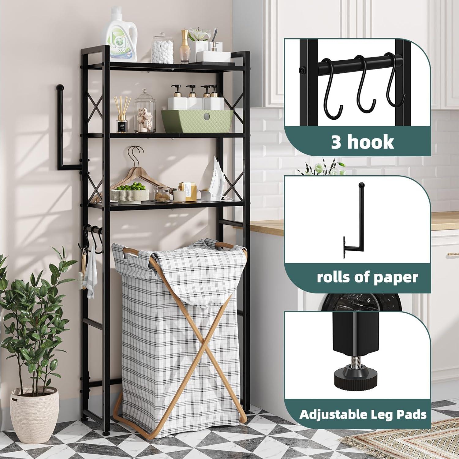 Tangkula Over-the-Toilet Storage 3-Tier Freestanding Bathroom Organizer Shelf w/ 2 Hanging Hooks & Toilet Paper Holder White/Black