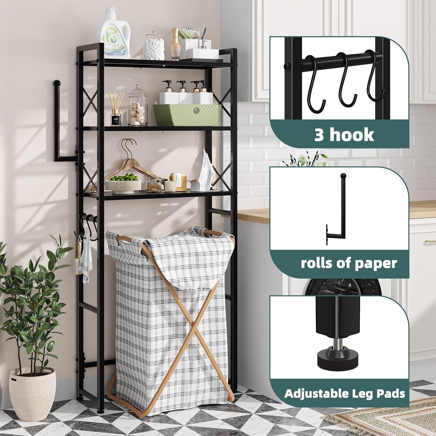 Tangkula Over-the-Toilet Storage 3-Tier Freestanding Bathroom Organizer Shelf w/ 2 Hanging Hooks & Toilet Paper Holder Black