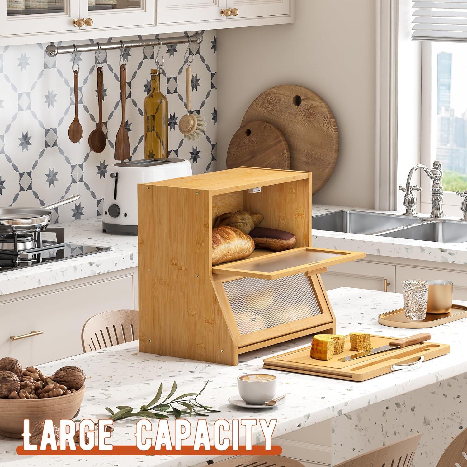 Natural Bamboo Double-Layer Bread Box with Frosted Glass