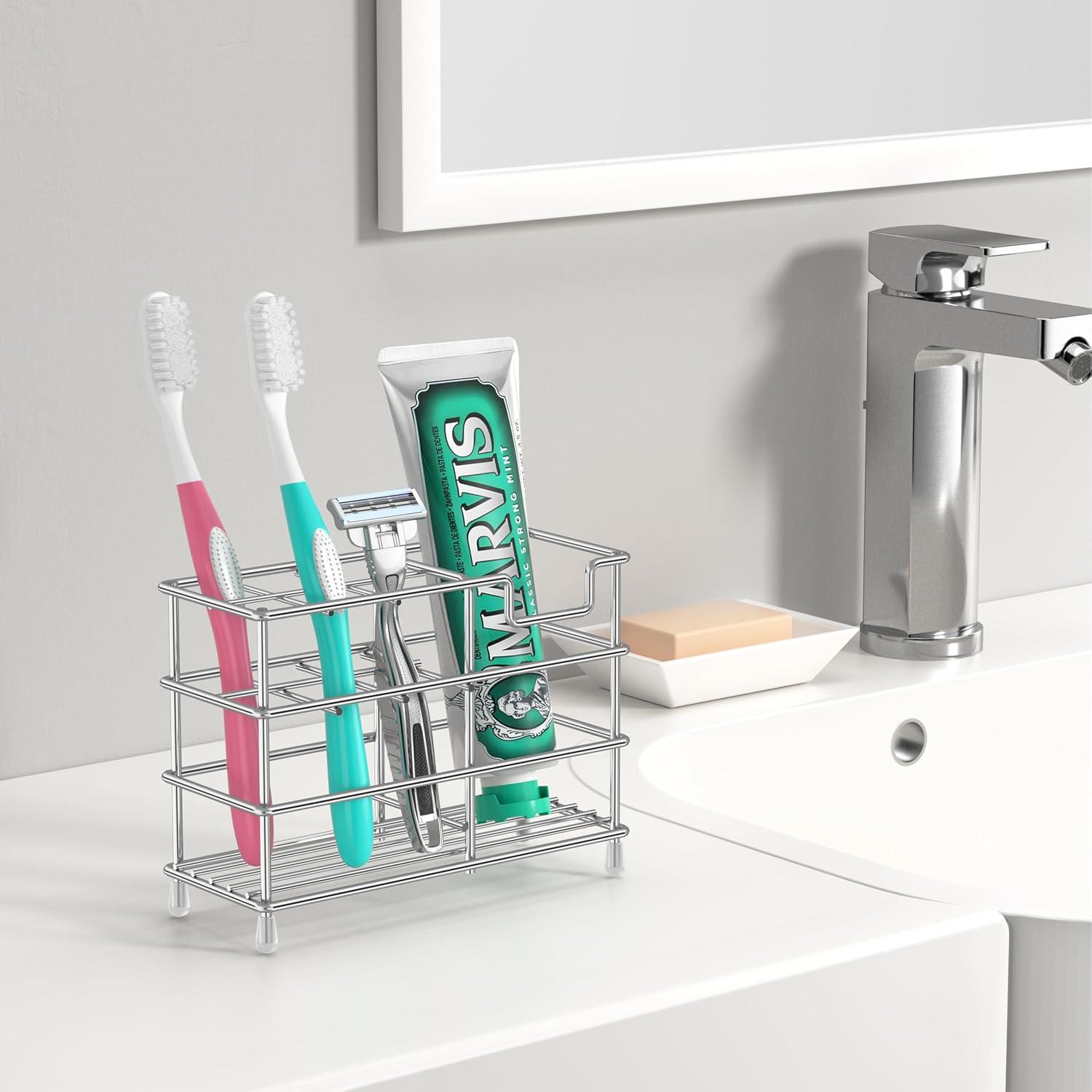 Small bathroom toothbrush holder, 5 compartments silver