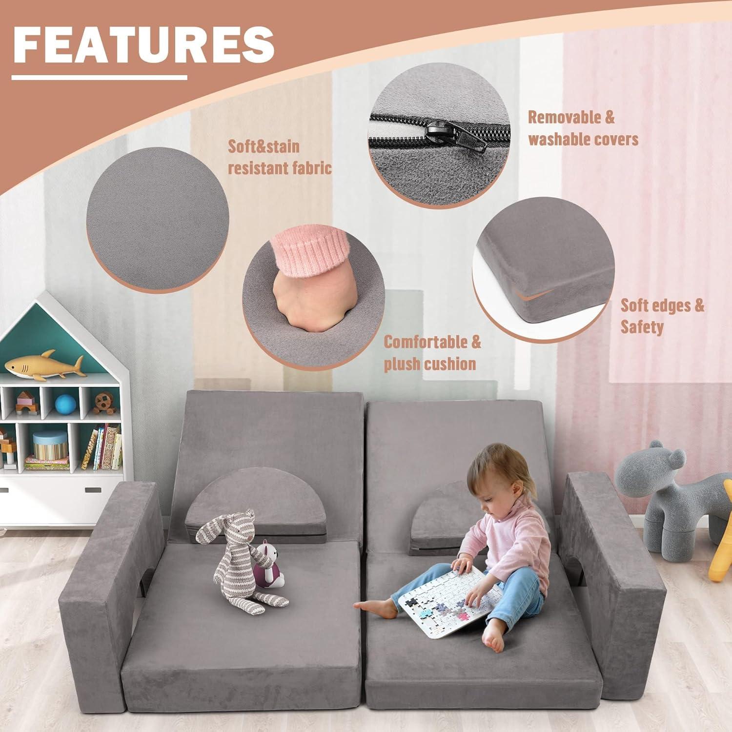 Tolead Modular Kids Play Couch Child Sectional Sofa, Imaginative Furniture Play Set for Creative Kids,Toddler to Teen Bedroom Furniture, Girls and Boys Playroom Convertible Sofa, Gray