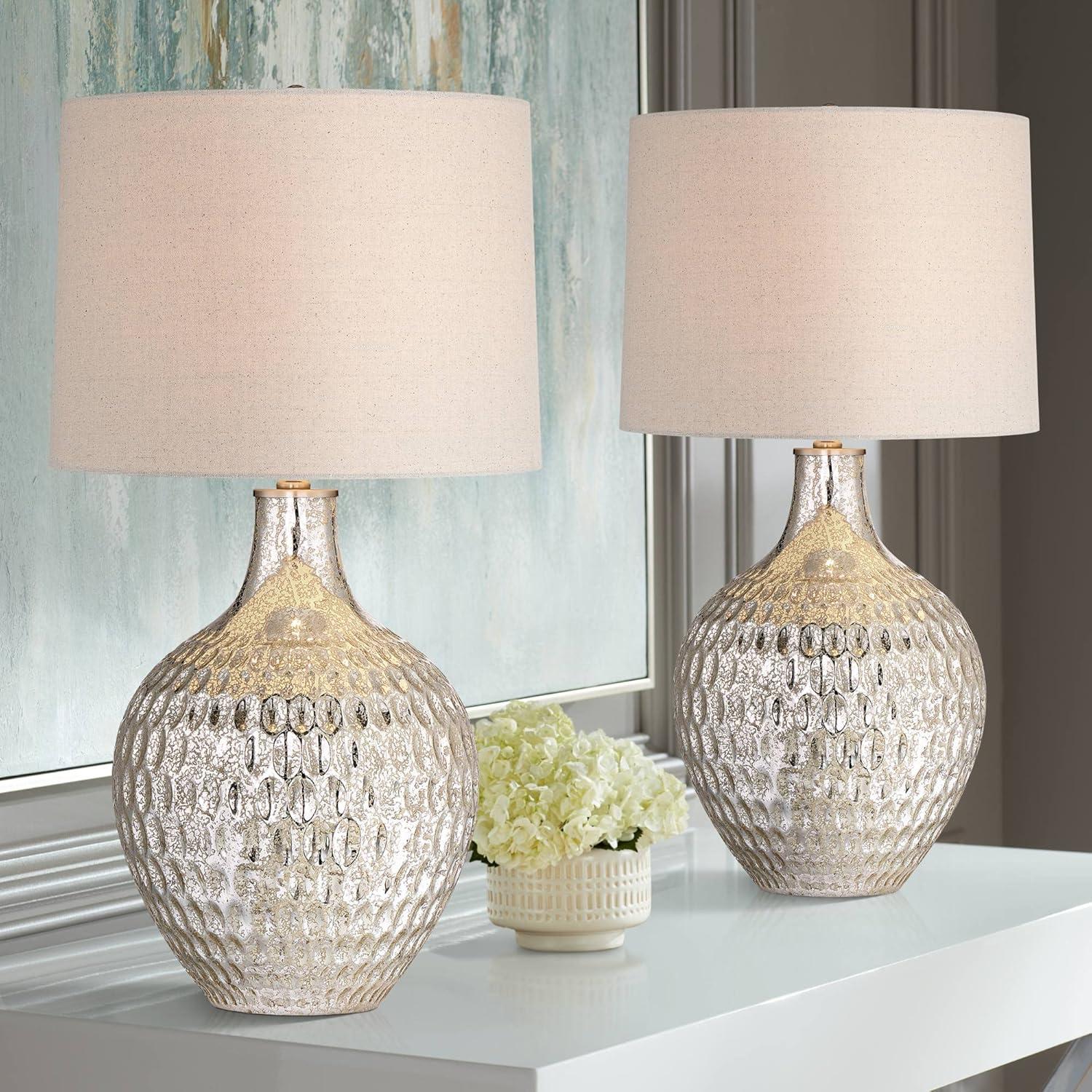 360 Lighting Waylon 28" Tall Modern Luxe Coastal End Table Lamps Set of 2 Silver Mercury Glass Off-White Shade Living Room Bedroom Bedside Nightstand