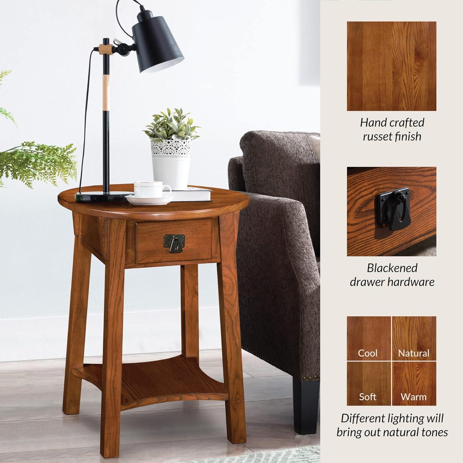 Leick Home 9056-RS Mission Round End Table with Drawer, Made with Solid Wood, Side Table for Living Room, Bedroom, and Office, Russet Finish