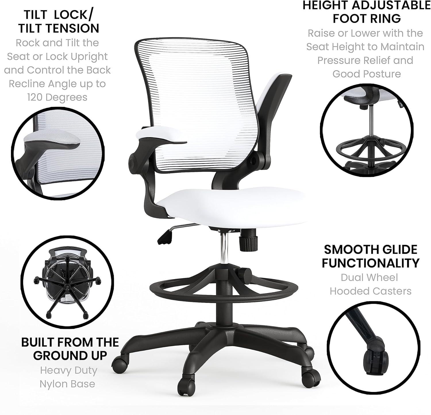 Flash Furniture Mid-Back Mesh Ergonomic Drafting Chair with Adjustable Foot Ring and Flip-Up Arms