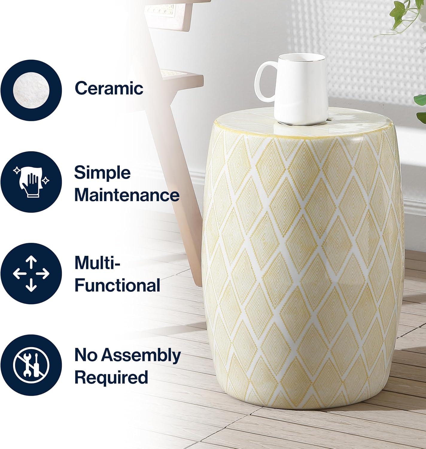 Moroccan Diamonds 18" Ceramic Drum Garden Stool, Yellow - JONATHAN Y