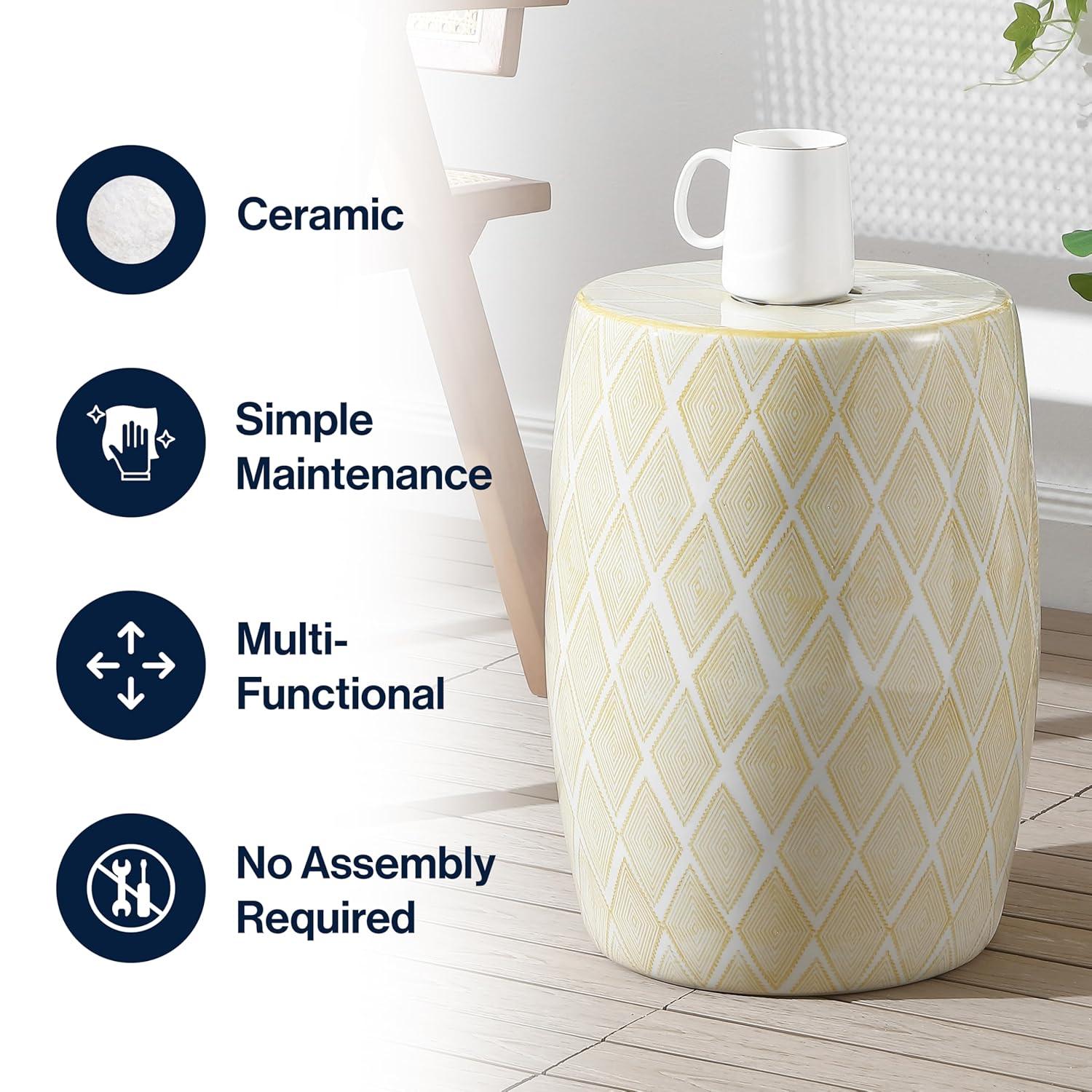 Moroccan Diamonds 18" Ceramic Drum Garden Stool, Yellow - JONATHAN Y