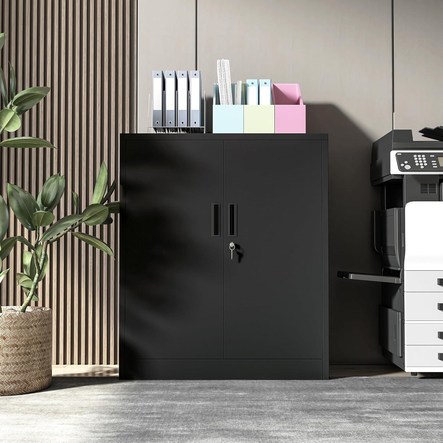 Metal Storage Cabinet, 36" H Locking Storage Cabinet with Adjustable Shelves, Steel Storage Cabinet for Garage, Home, Office, Utility Room-Black