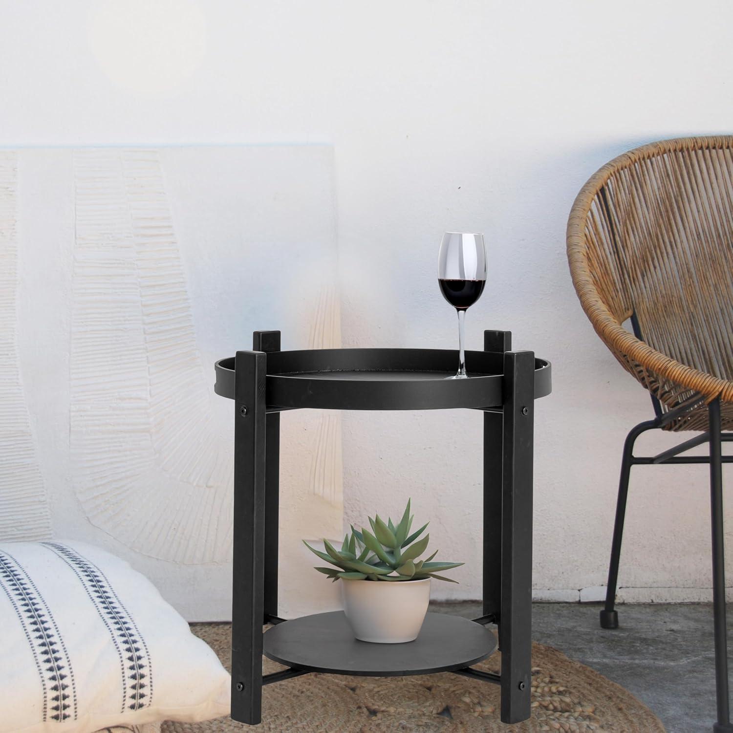 Round Black Fir Wood and Metal Tray Table