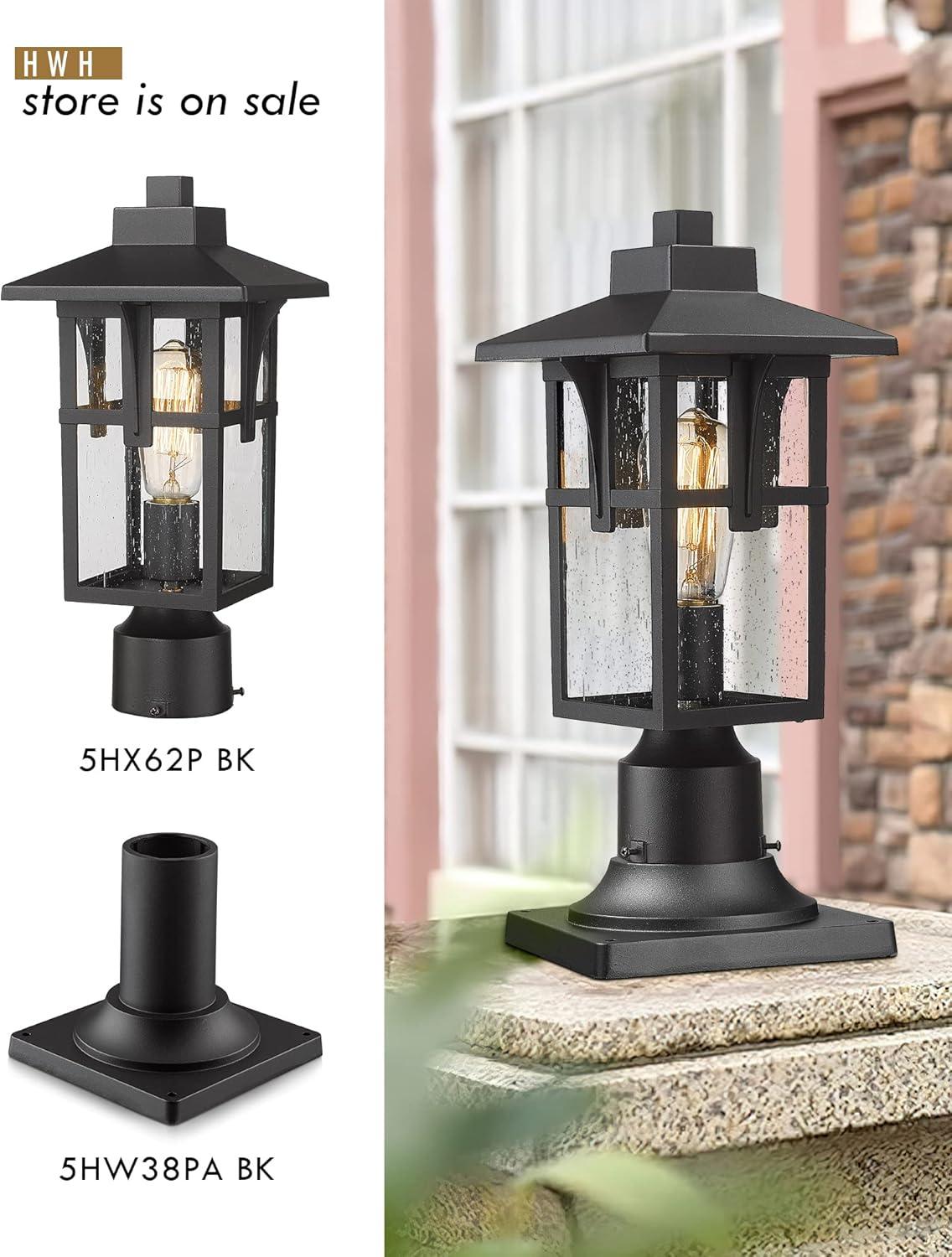 Matte Black Seeded Glass Outdoor Post Light Set