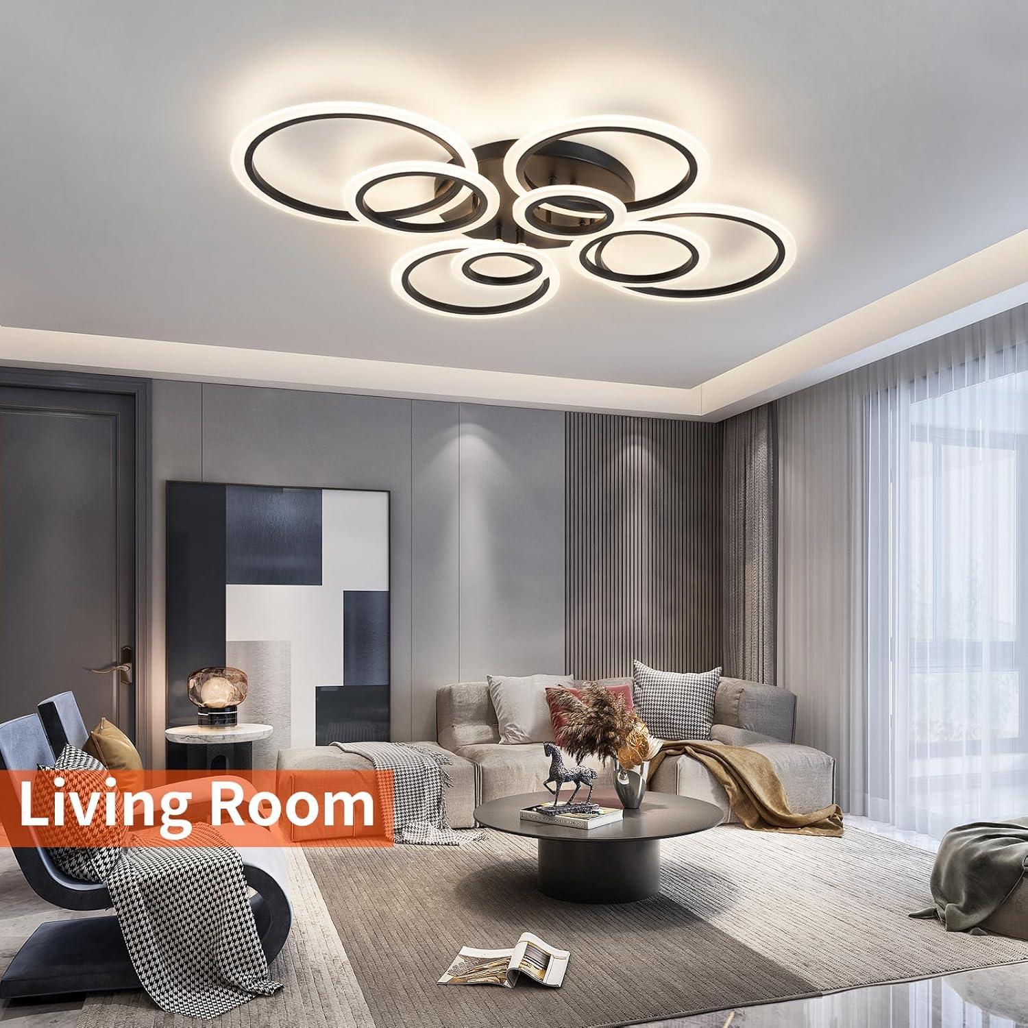 Modern Ceiling Light, 41.3'' Dimmable LED Black Flush Mount Ceiling Lights with Remote Acrylic Round Ceiling Lamp Fixture for Low Ceiling Bedroom Living Room Dining Room, 108W