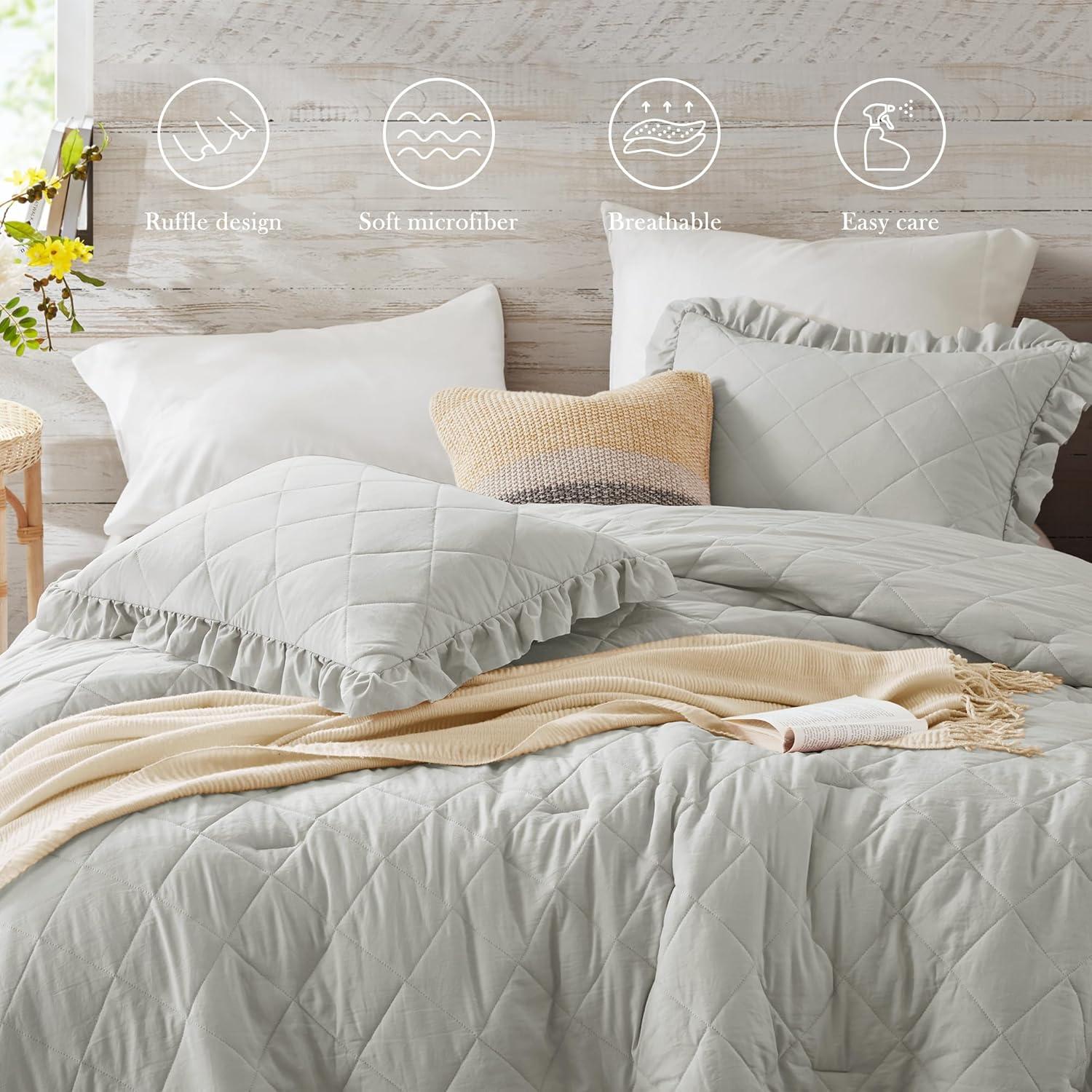 Ruffle Edge Comforter Set - Full/Queen Gray, Farmhouse All-Season 3 PCS Bedding Set with Modern Neutral Design for Easy Care Bedrooms