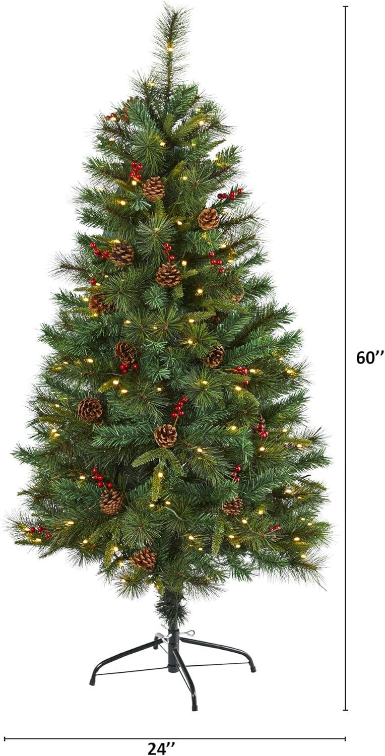 Nearly Natural 5-ft Mixed Pine Artificial Christmas Tree with 150 Clear LED Lights, Pine Cones and Berries