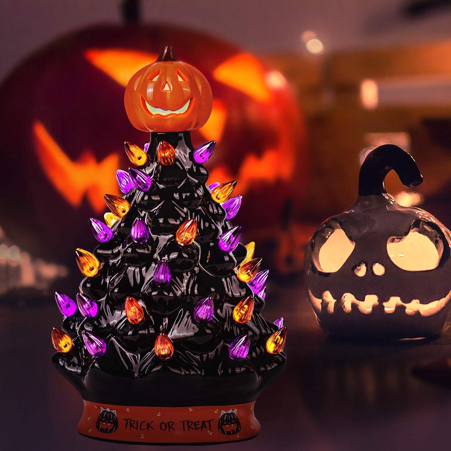 CodYinFI Christmas Tree - Decoration Made with Ceramic, Orange Pumpkin Head-Home Decoration-Trick Or Treat- Over 35 Multicolor Bulbs, LED Light Up by Battery - Black, 9 Inch