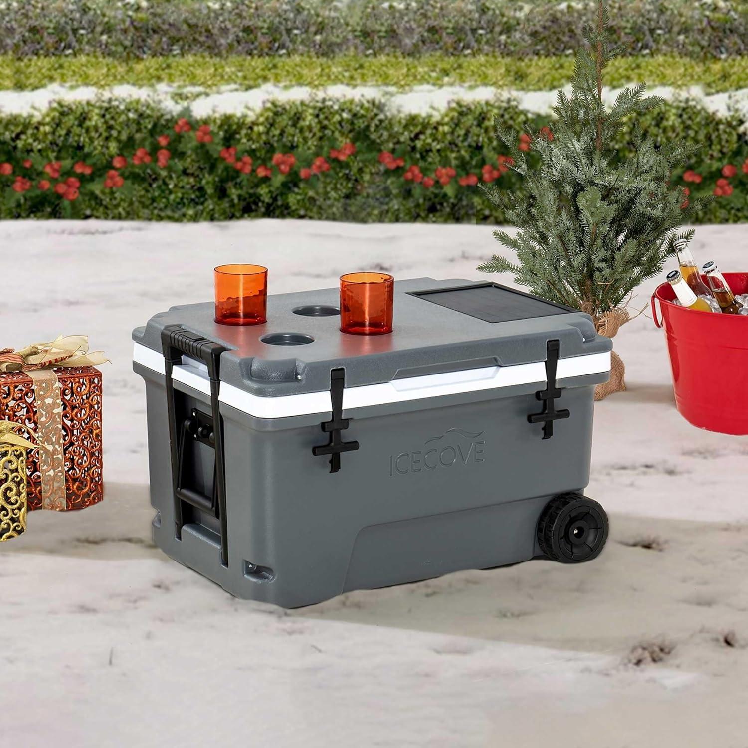 60-Quart Solar Cooler Portable Insulated Ice Chest with Wheels and Handle for Party, Camping, Beach Sand and Outdoor Activities, Heavy Duty Opener and Cup Holder, Castlerock Grey