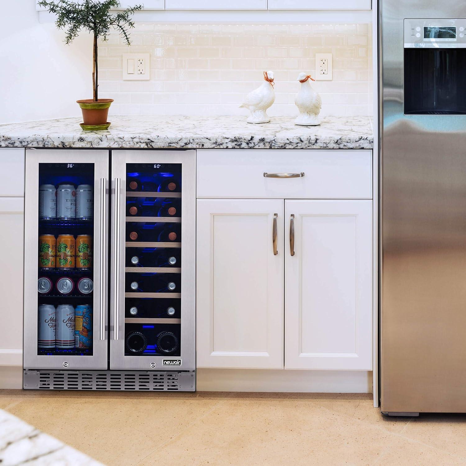 Newair 24" Premium Built-in Dual Zone 18 Bottle and 58 Can French Door Wine and Beverage Fridge