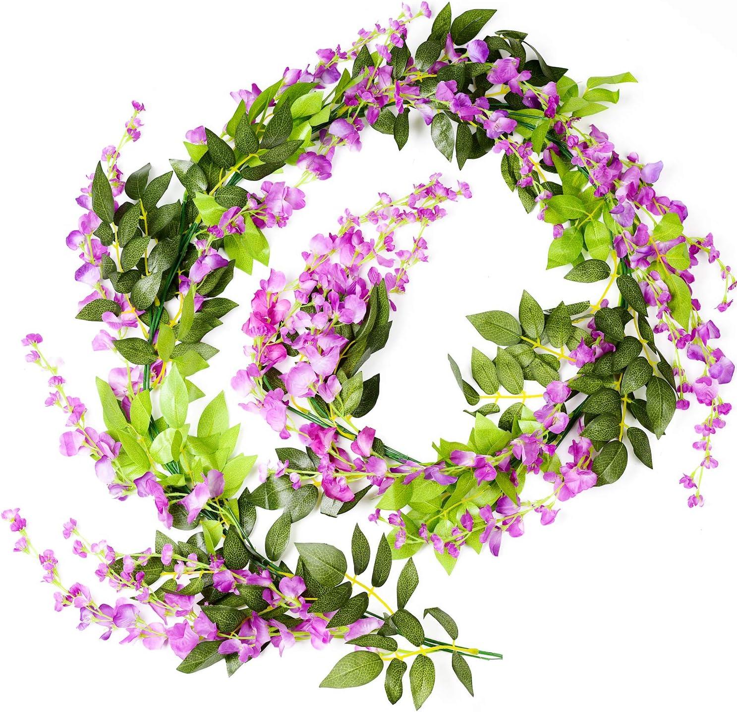 Sinhoon Wisteria Artificial Flowers Garland, 4 Pcs Total 28.8ft Artificial Wisteria Vine Silk Hanging Flower for Home Garden Outdoor Ceremony Wedding Arch Floral Decor (Light Purple)