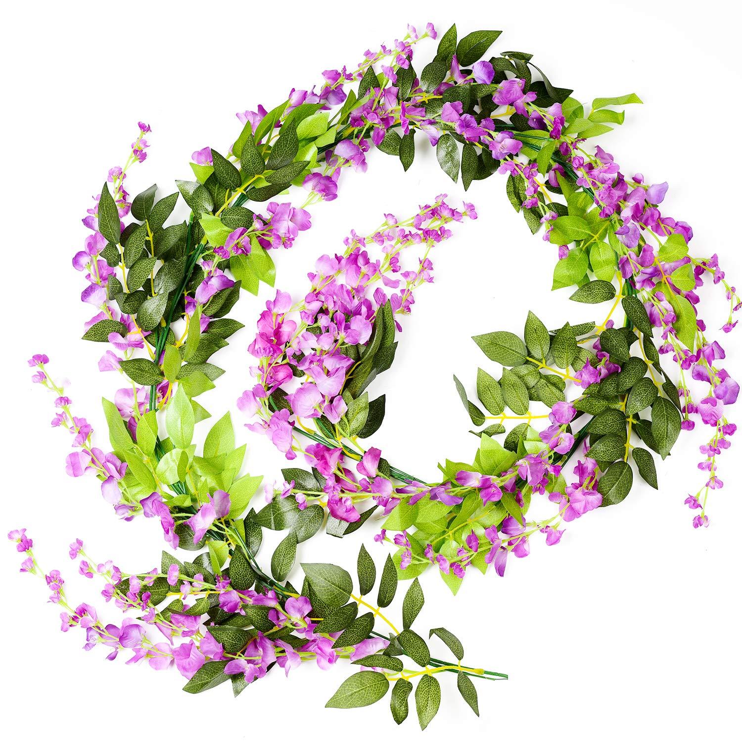 Sinhoon Wisteria Artificial Flowers Garland, 4 Pcs Total 28.8ft Artificial Wisteria Vine Silk Hanging Flower for Home Garden Outdoor Ceremony Wedding Arch Floral Decor (Light Purple)
