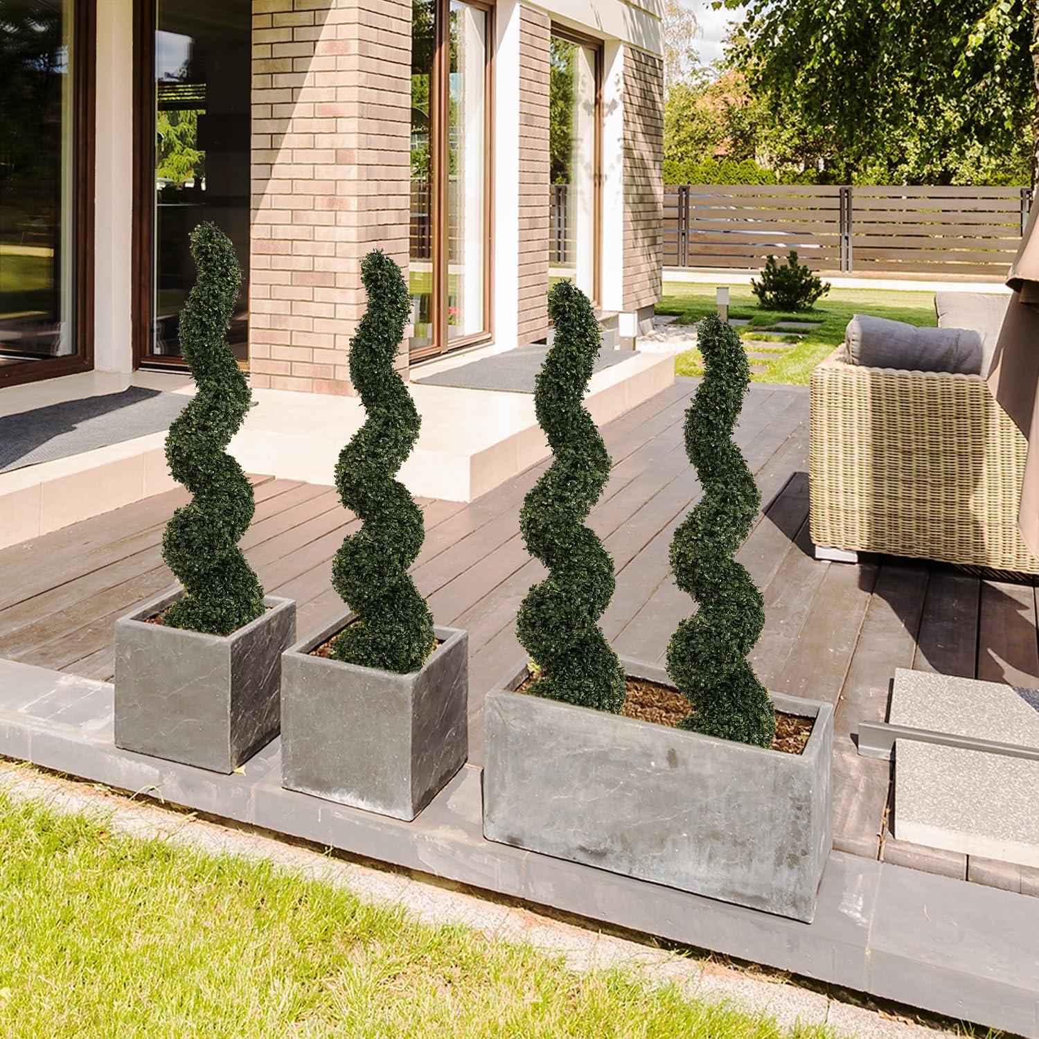 Goplus 4FT Artificial Spiral Boxwood Topiary Tree, 2 Pack Greenery Large Faux Plant in Cement-Filled Plastic Pot, Tall Fake Plant for Indoor Outdoor Home Front Porch Decor
