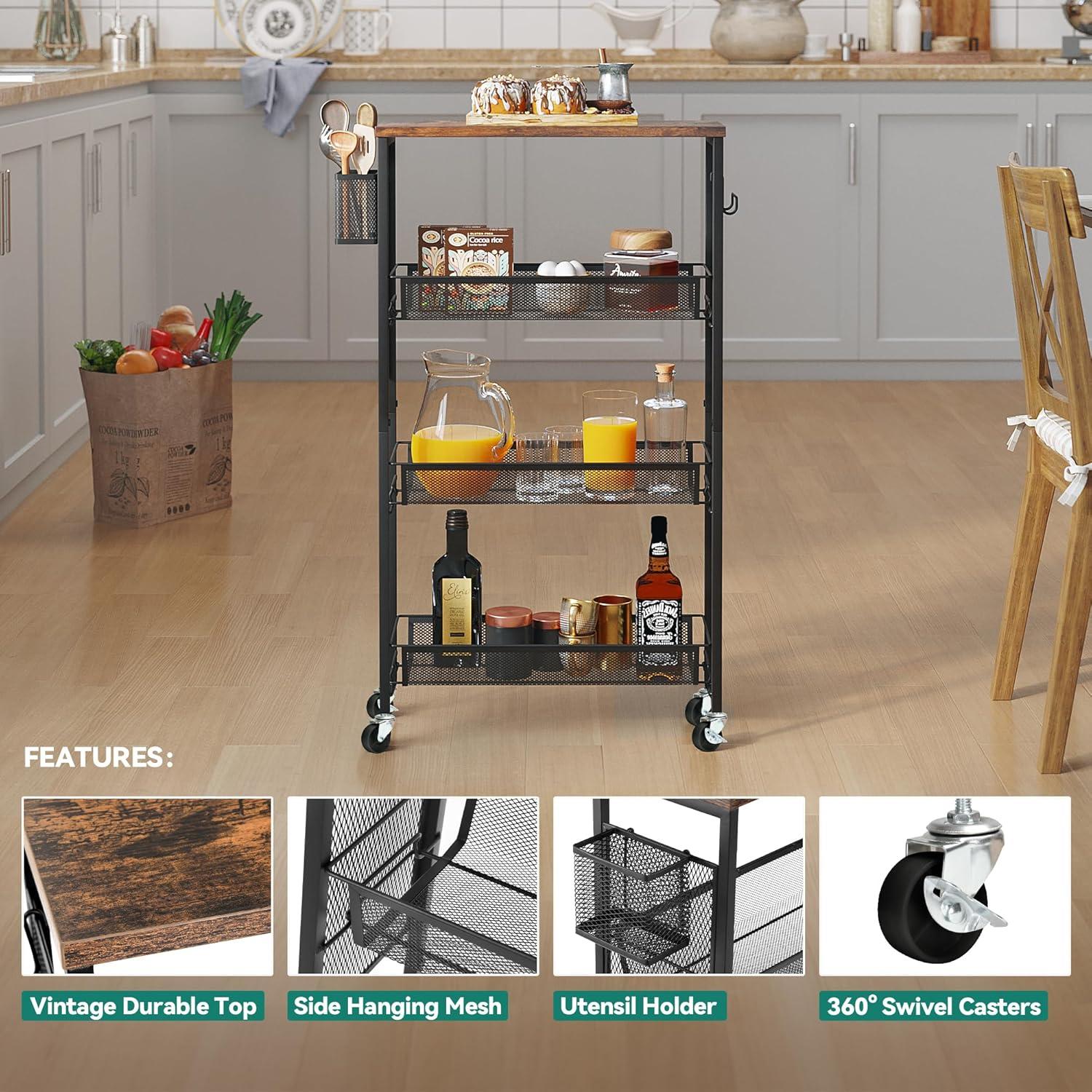 DWVO 4-Tier Slim Rolling Cart on Wheels, 34" Wooden Tabletop Kitchen Storage Organizer Cart with Wire Mesh Baskets, Slide-Out Storage Cart for Kitchen, Bathroom Living Room (White)