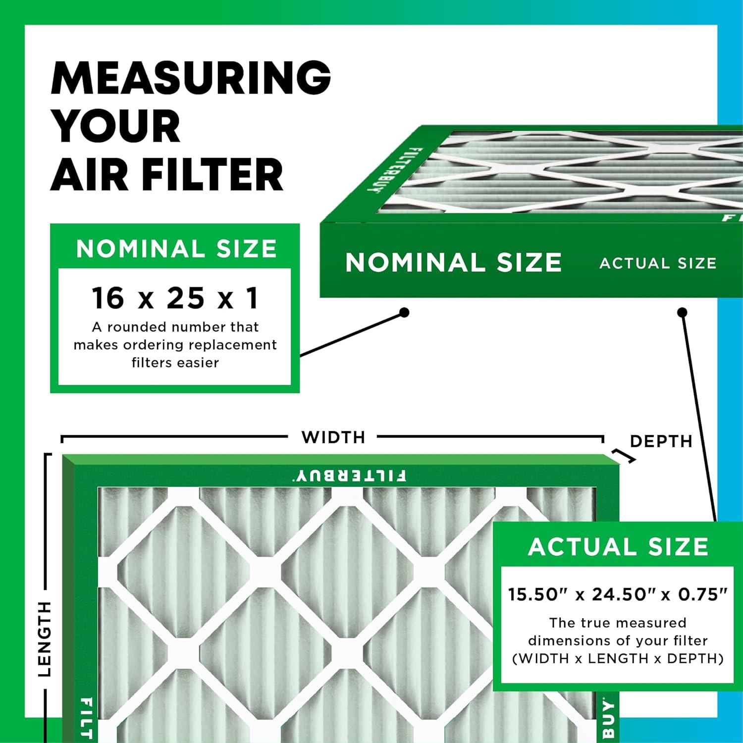 Filterbuy 16x25x1 MERV 8 Pleated HVAC Furnace Air Filters 4-Pack